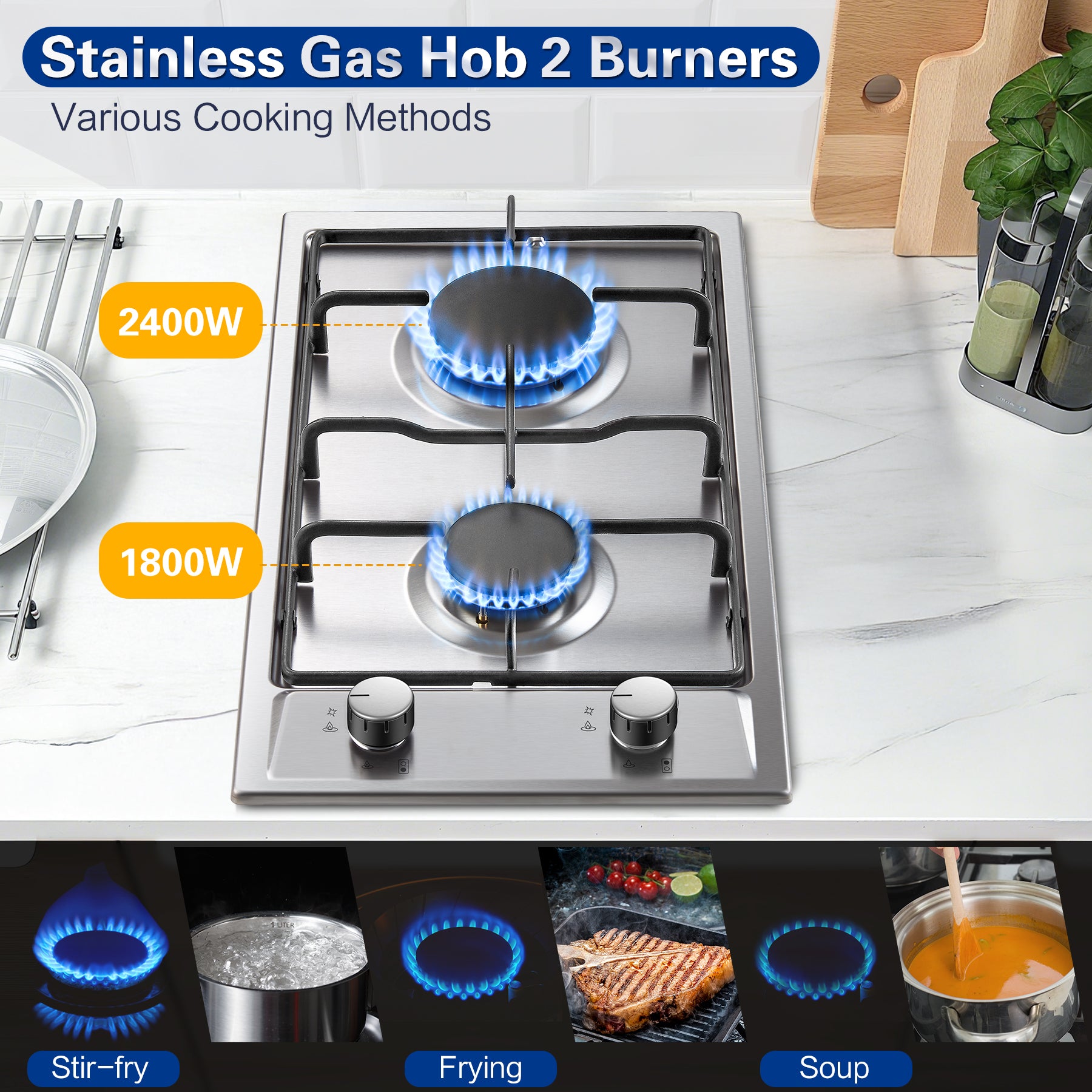 GH3020SS2E1E - Gaskochfeld 2 Flammig, 30cm Edelstahl Gaskochfeld mit Automatischer Flammenschutz, Einbau Gasherd, 4200W, Erdgas und Propangas