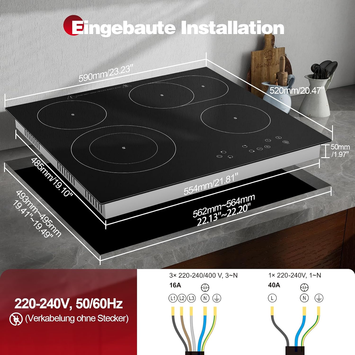 CHE66S244- 60cm Glaskeramikkochfeld 4 Platten 6600W Doppel- & Ovalzone Touch-Steuerung