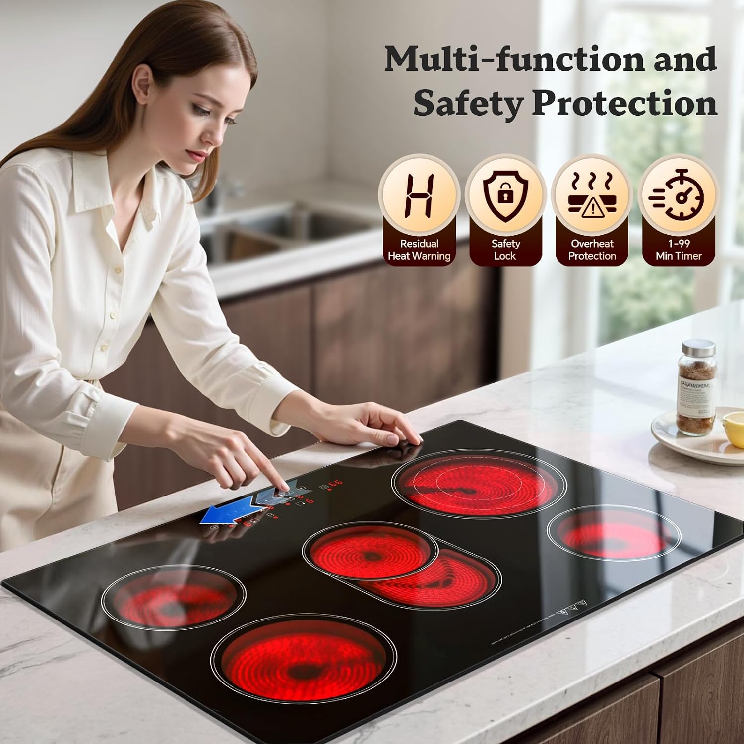 CHE85H305- 77cm Glaskeramikkochfeld 5 Platten 8500W Oval- & Dreifachzone Touch-Steuerung