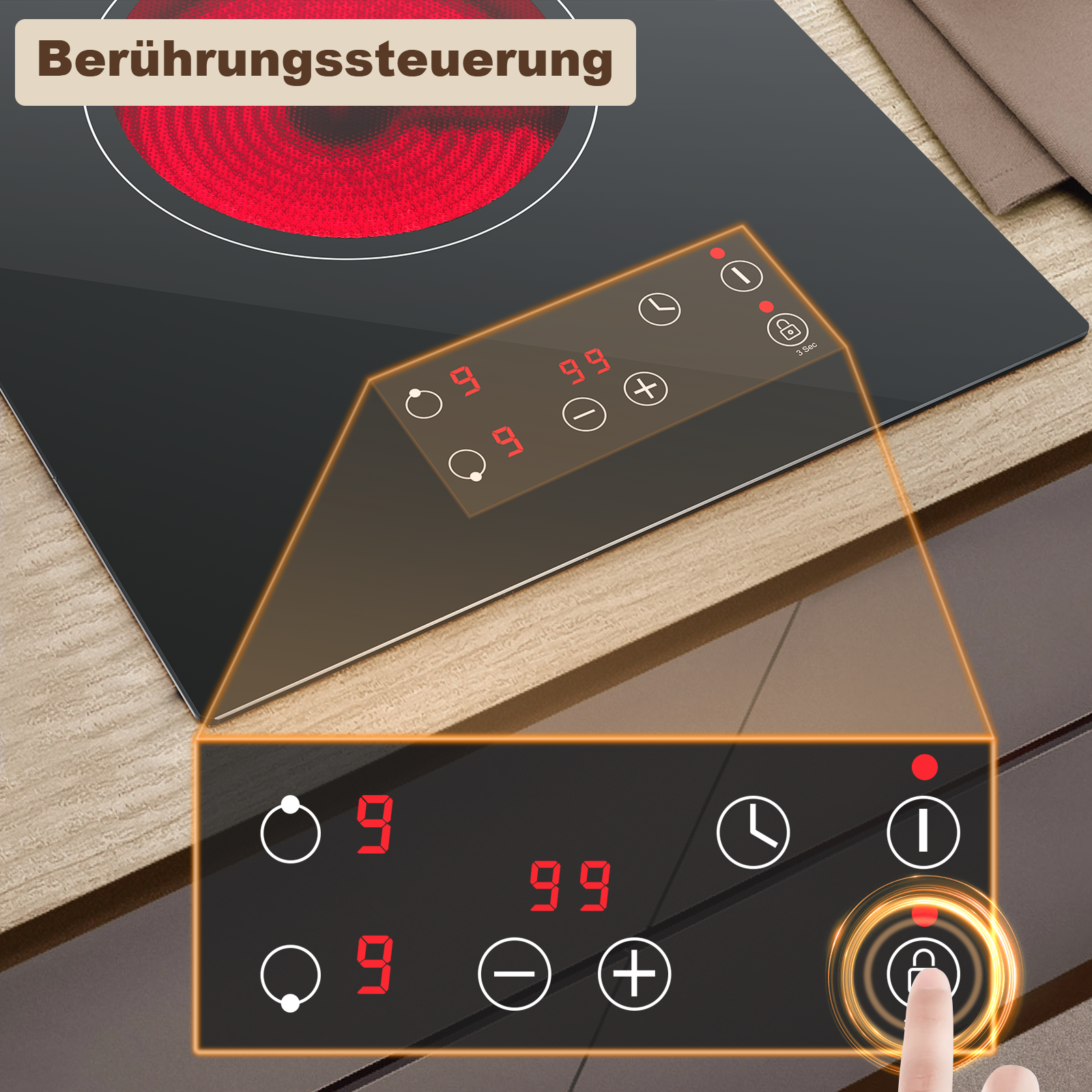 FYCH02- Glaskeramikkochfeld 2 Platten 3000W 9Leistungsstufen Touch-Steuerung