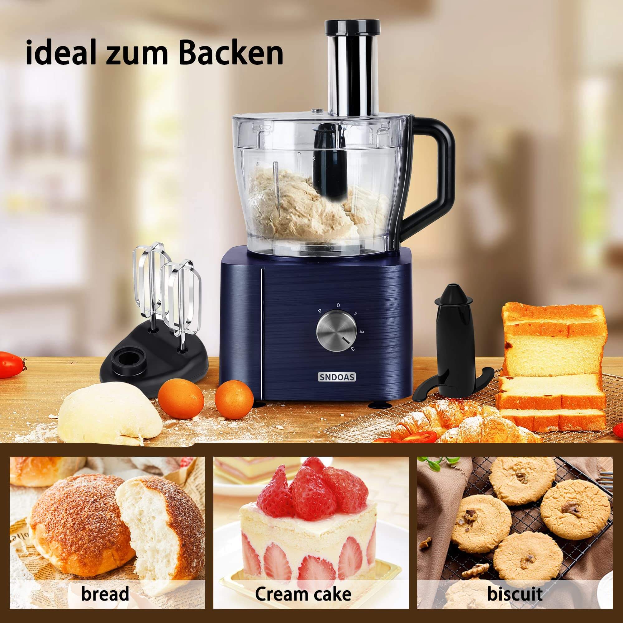 SNDOAS Multi-Mixer Lebensmittelverarbeitungsmaschine 1100W drei Geschwindigkeitsstufen Küchenmaschine