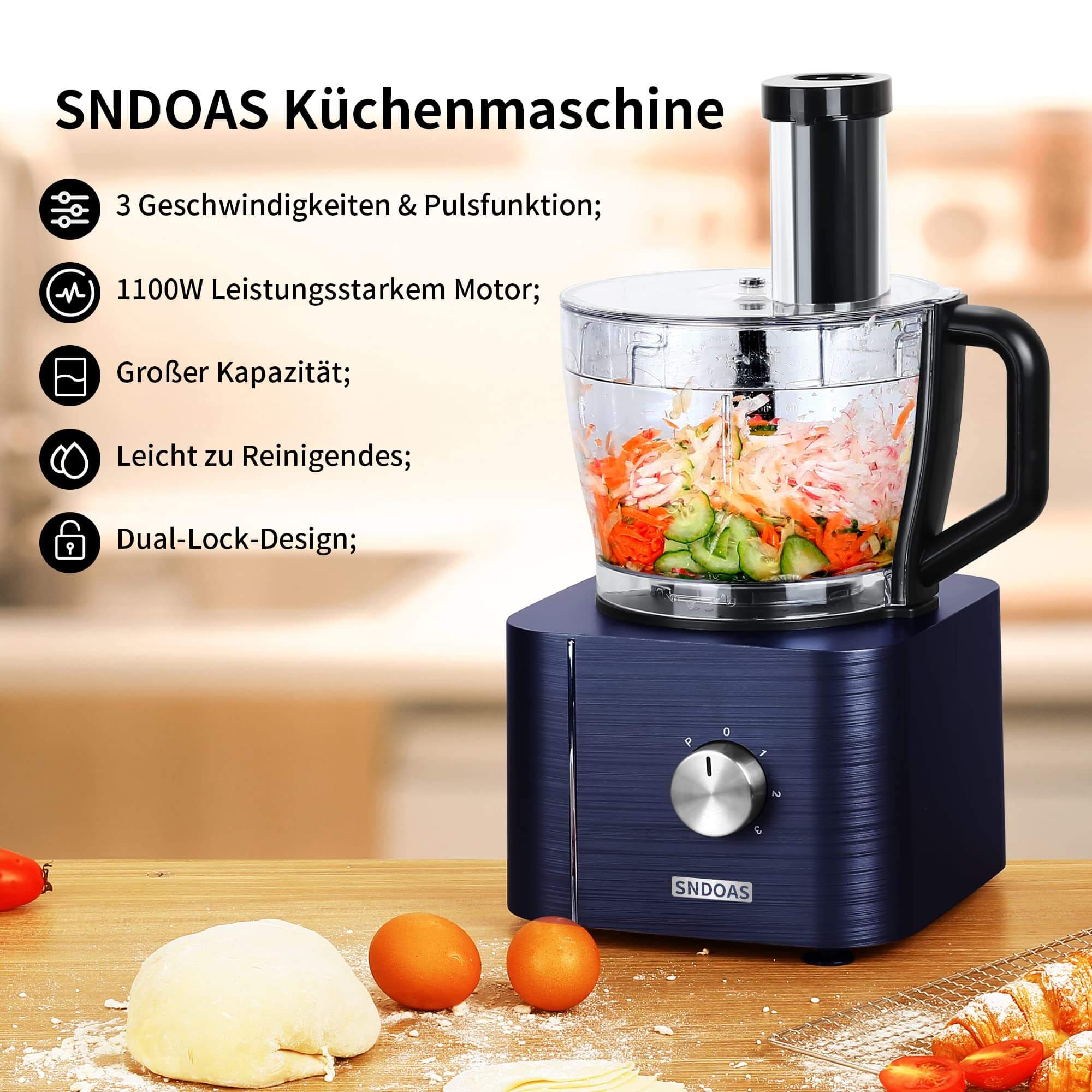 SNDOAS Multi-Mixer Lebensmittelverarbeitungsmaschine 1100W drei Geschwindigkeitsstufen Küchenmaschine