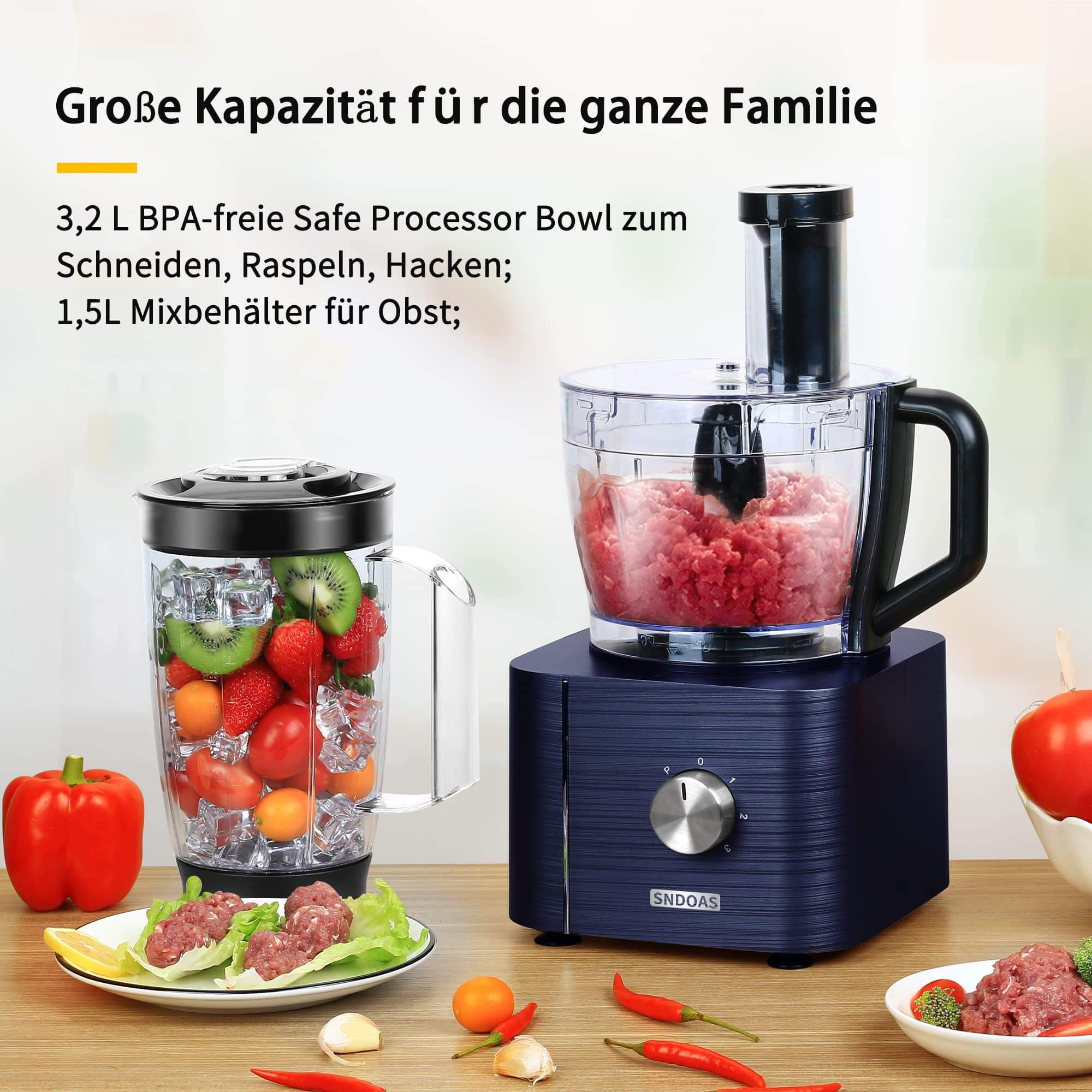 SNDOAS Multi-Mixer Lebensmittelverarbeitungsmaschine 1100W drei Geschwindigkeitsstufen Küchenmaschine