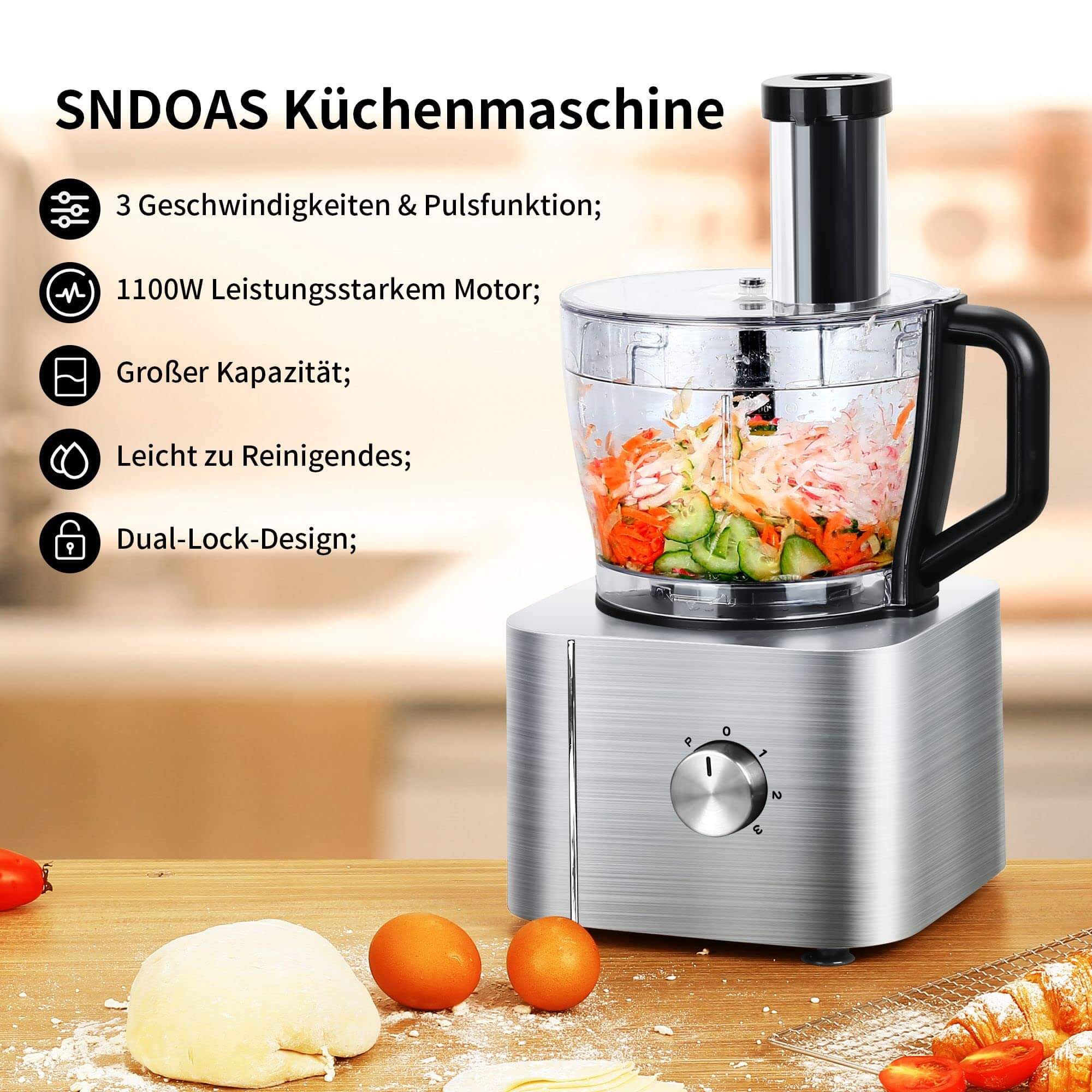 SNDOAS Multi-Mixer Lebensmittelverarbeitungsmaschine 1100W drei Geschwindigkeitsstufen Küchenmaschine