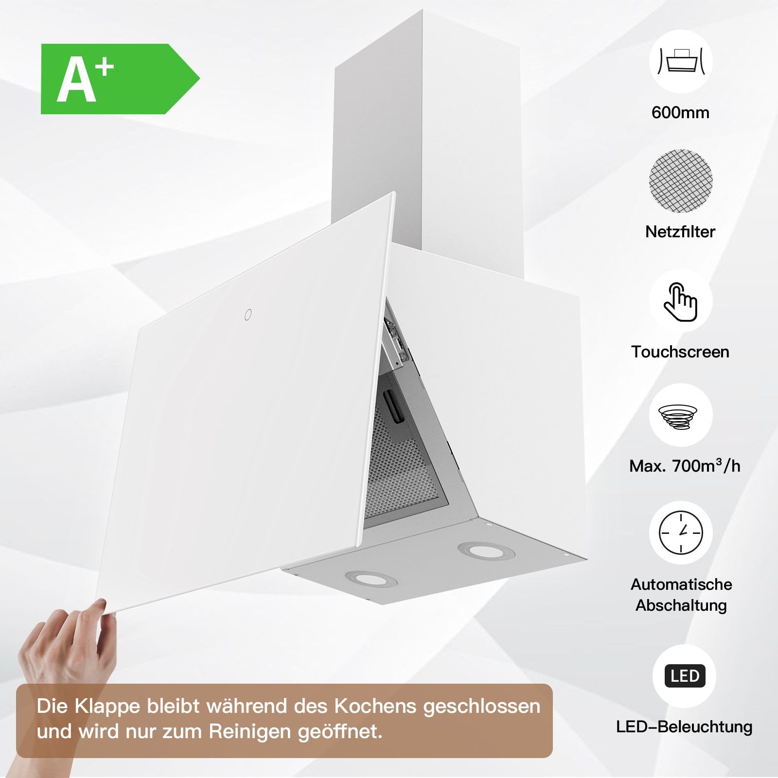 60 cm Weiße Kopffreihaube Dunstabzugshaube Energieklasse A+