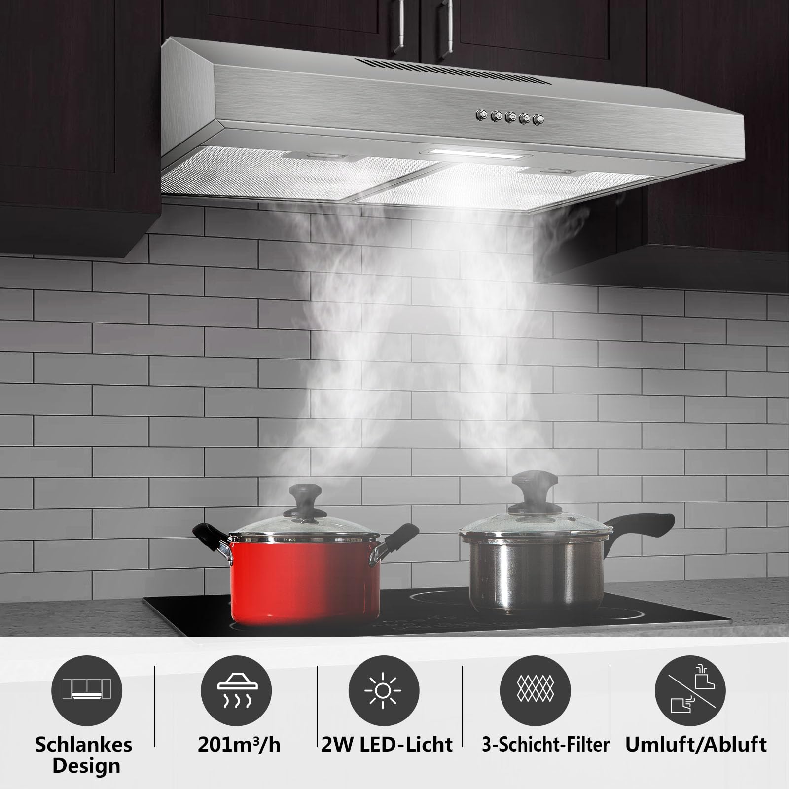 SNDOAS Unterbau Dunstabzugshaube 60cm Verfügt über ein 2W LED-Licht