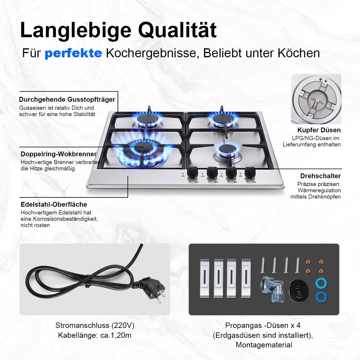 SNDOAS Einbau oder Freistehend Gaskochfeld, 8060W, 220-240V