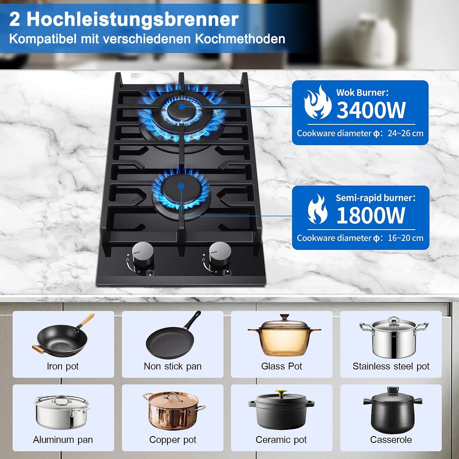 SNDOAS Das Gaskochfeld 2 Flammig ist mit 2 Leistungsstarker Brenner