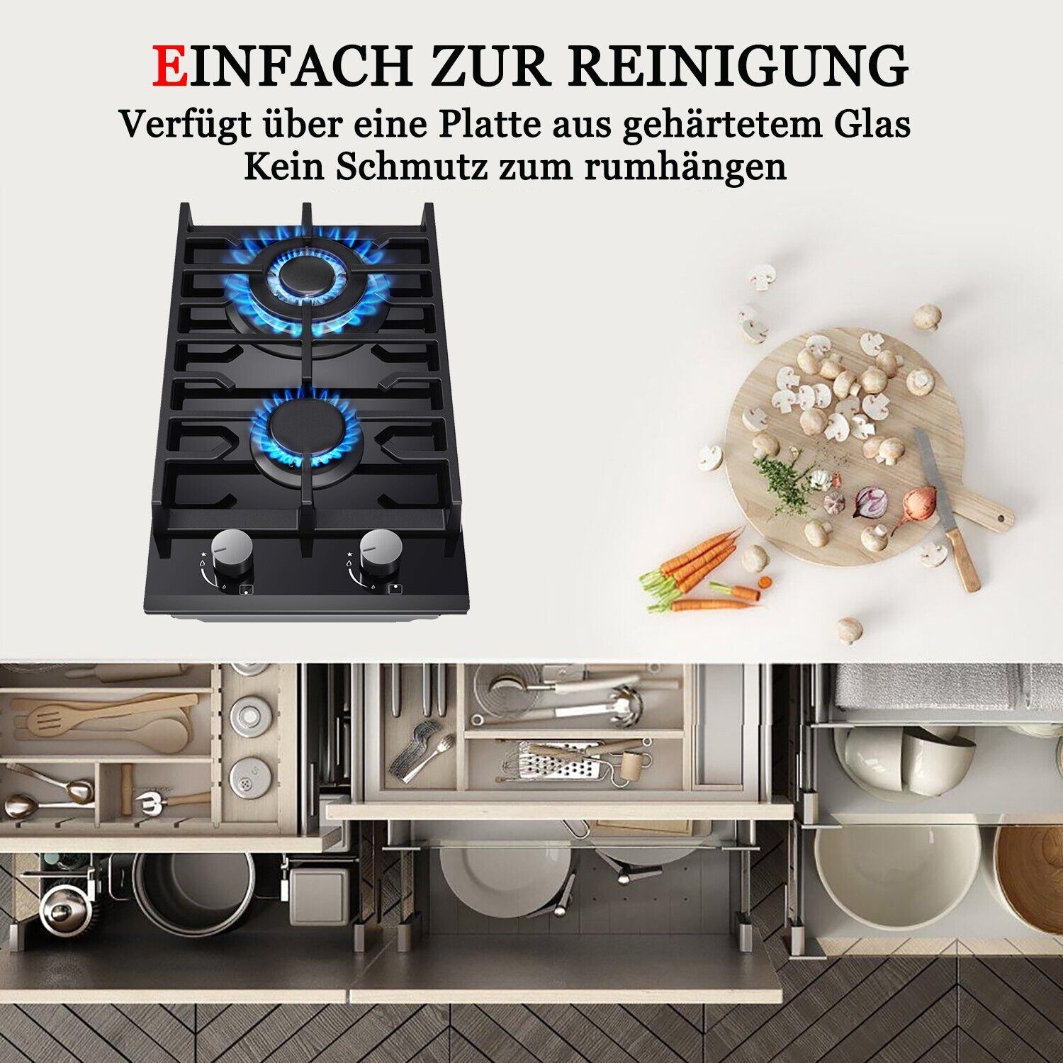 Stilvolle Schwarze Glasoberfläche Gaskochfeld Leicht Zu Reinigen