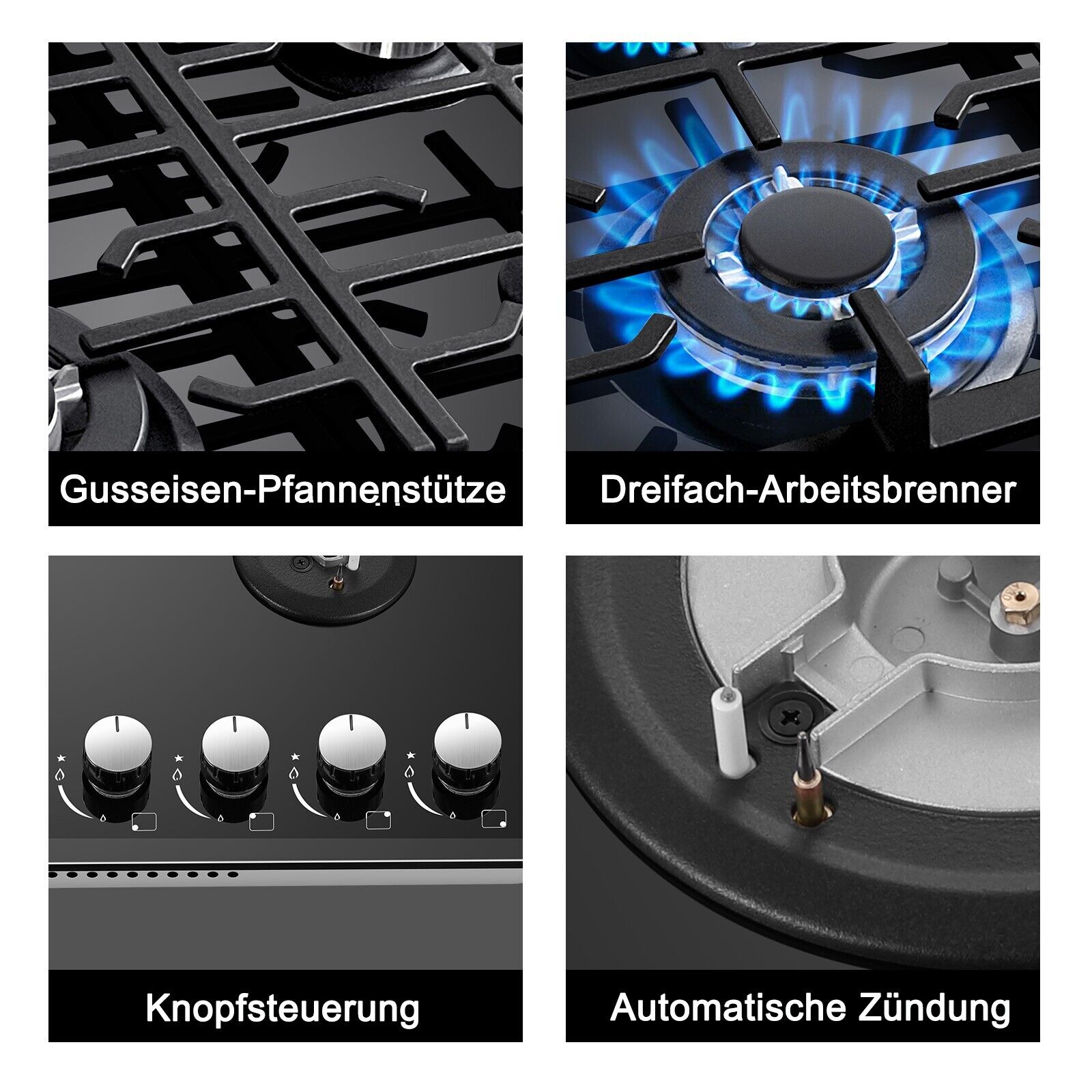 SNDOAS Gasherd Kochfeld 4 Brenner mit Sicheren Geräten, NG/LPG Einbau Glas-Gaskochfeld
