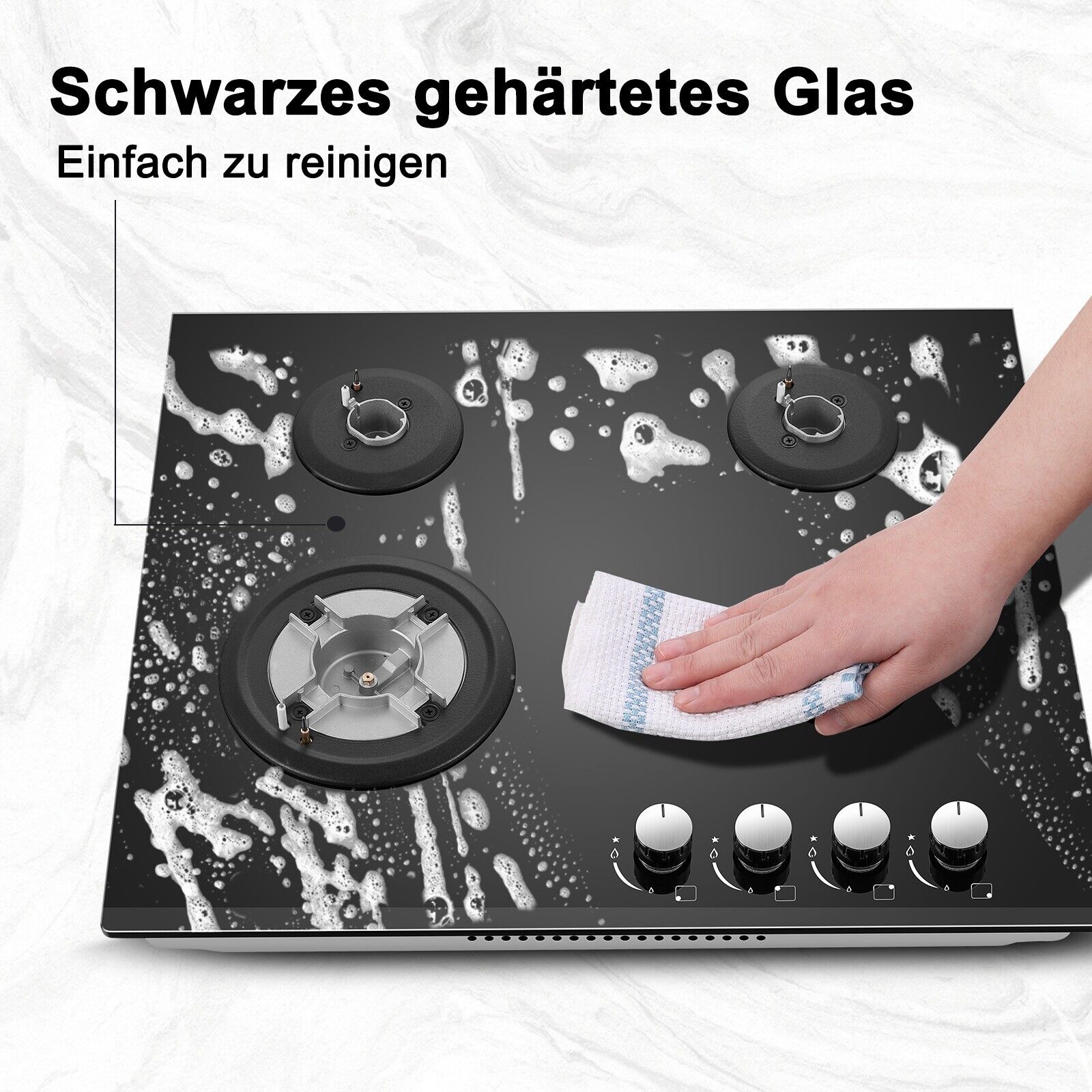 SNDOAS Gasherd Kochfeld 4 Brenner mit Sicheren Geräten, NG/LPG Einbau Glas-Gaskochfeld