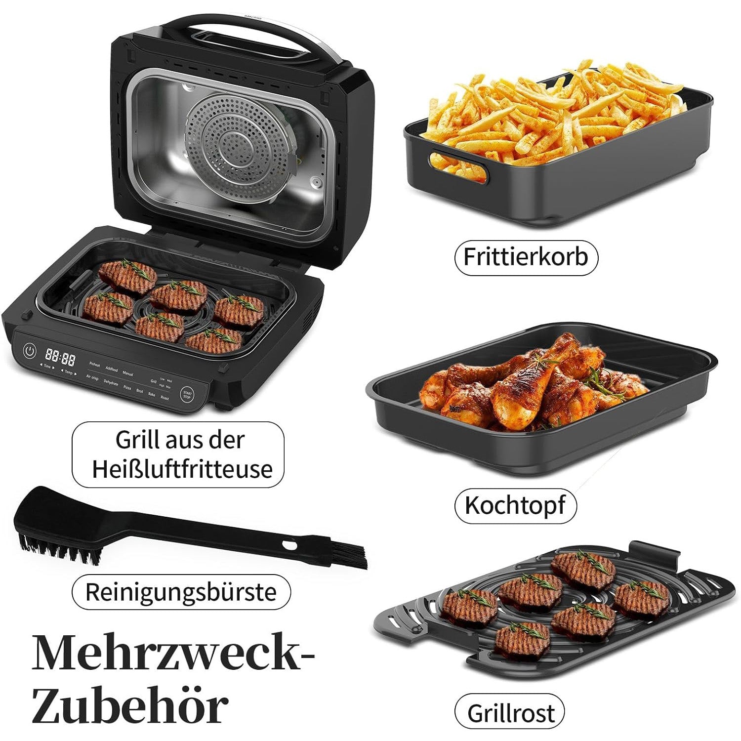 8-in-1 Grill & Heißluftfritteuse 1700W mit Touch-Steuerung