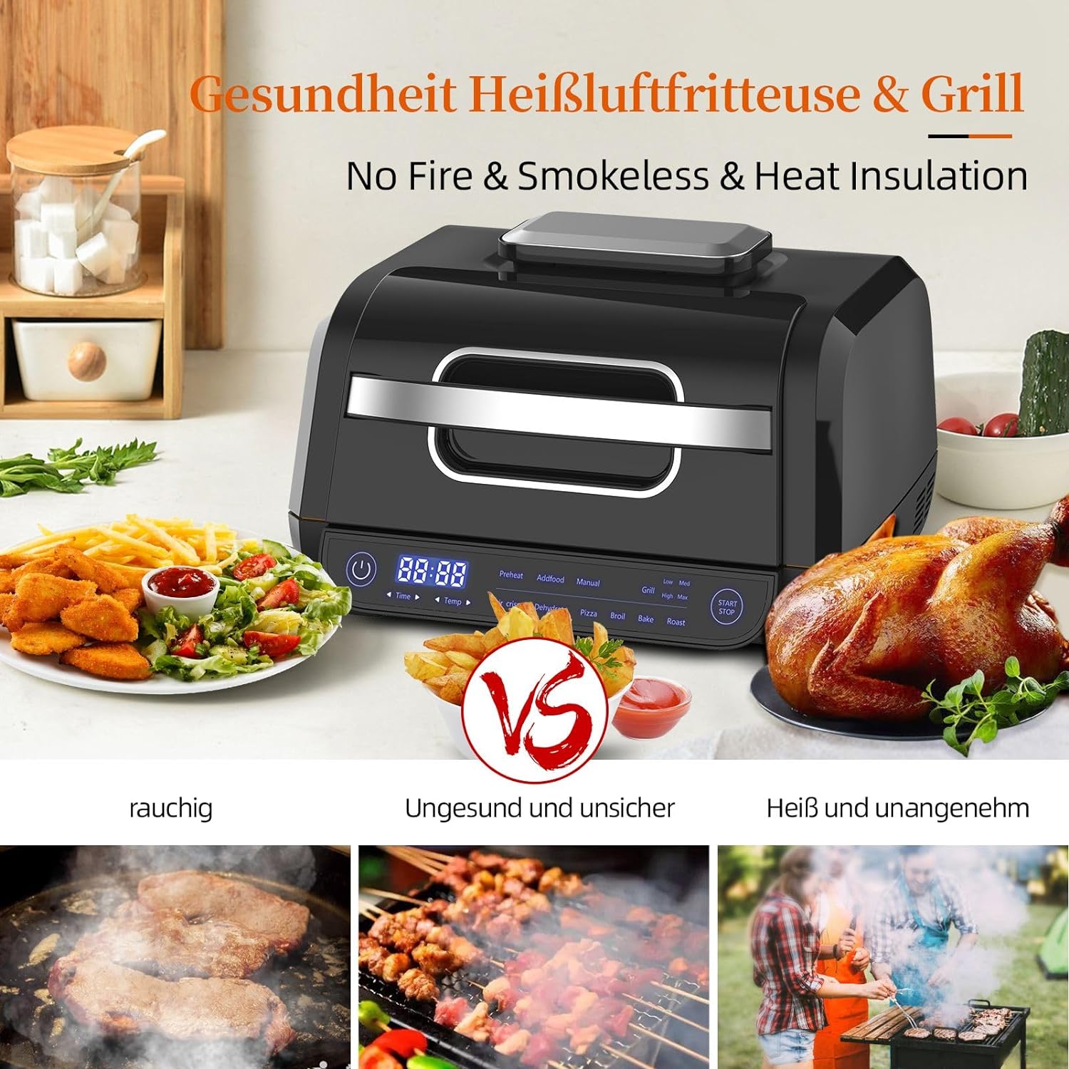8-in-1 Grill & Heißluftfritteuse 1700W mit Touch-Steuerung