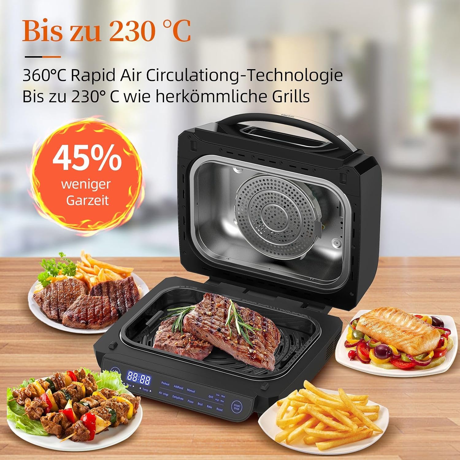 8-in-1 Grill & Heißluftfritteuse 1700W mit Touch-Steuerung