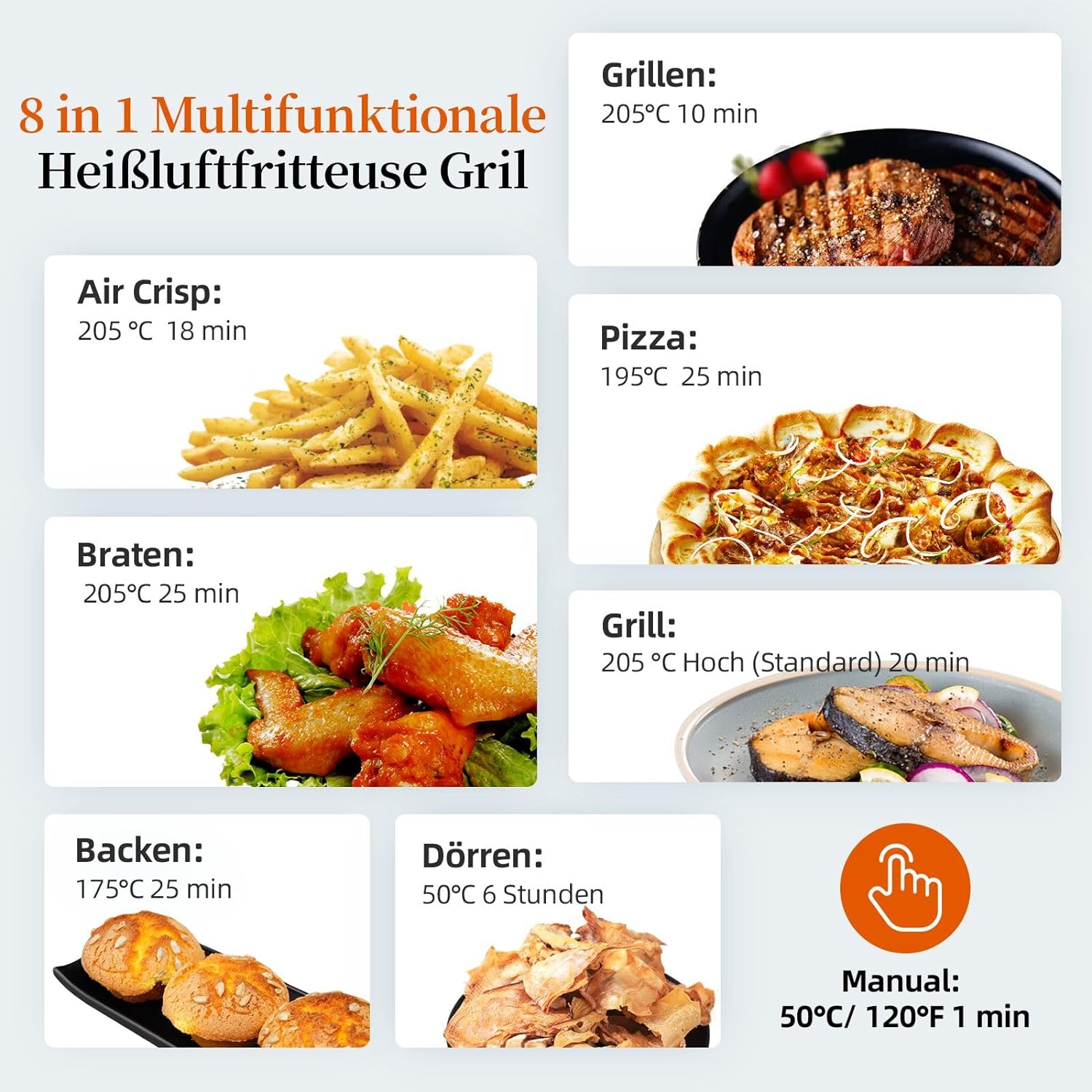 8-in-1 Grill & Heißluftfritteuse 1700W mit Touch-Steuerung
