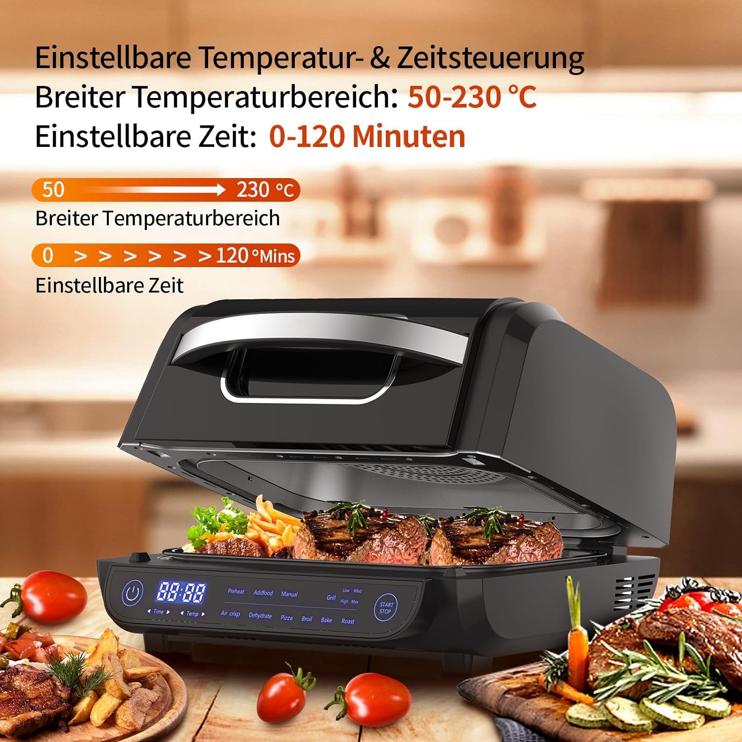 8-in-1 Grill & Heißluftfritteuse 1700W mit Touch-Steuerung