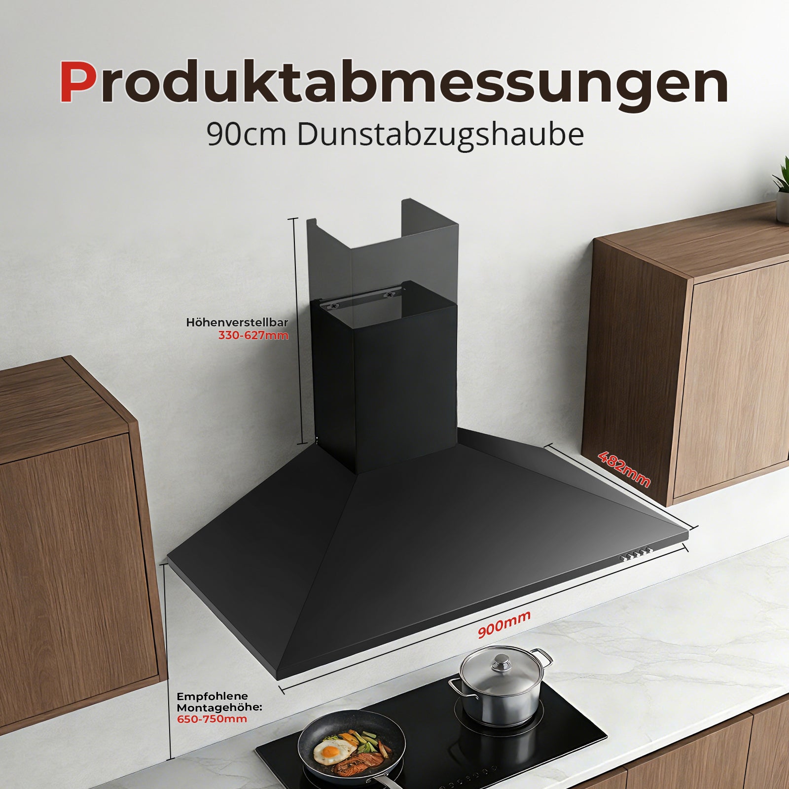Detailansicht SNDOAS Dunstabzugshaube 90cm: Bedienfeld, mattschwarze Oberfläche, Fingerabdruckschutz