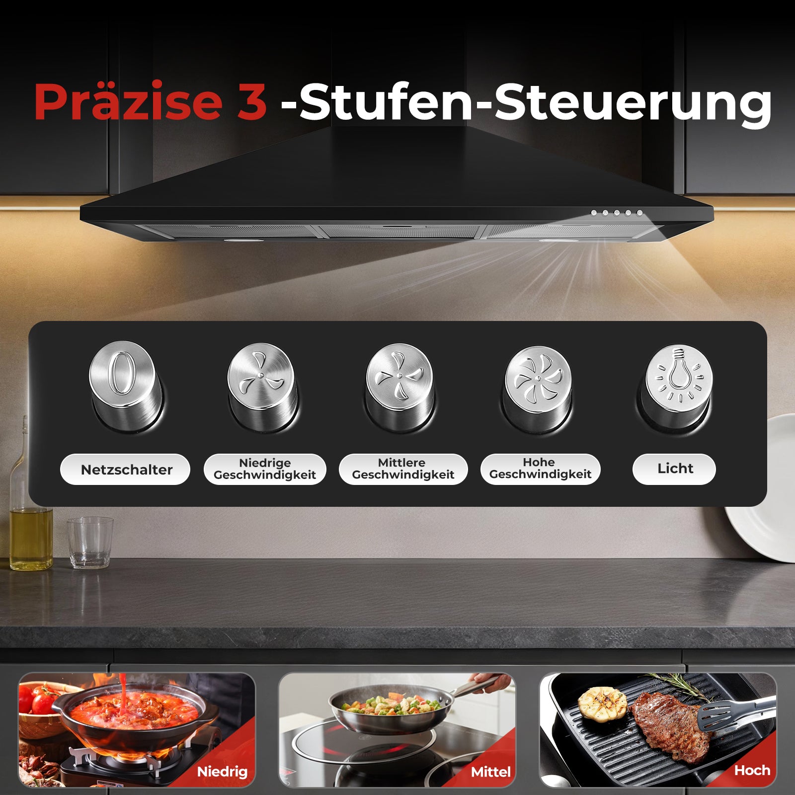 SNDOAS Wandhaube 90cm Schwarz, 400m³/h Luftförderung, spülmaschinenfeste Aluminium-Fettfilter