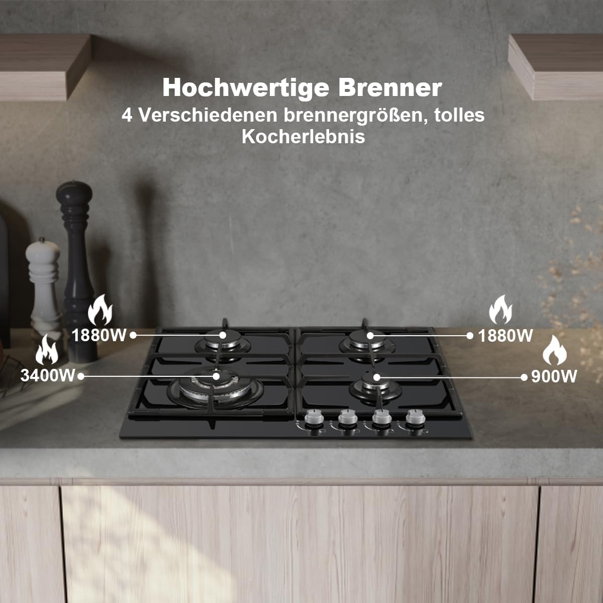 YYEUGCT-B04S - 4 Flammig, 58cm 8060W Glas Gasherd, NG/LPG