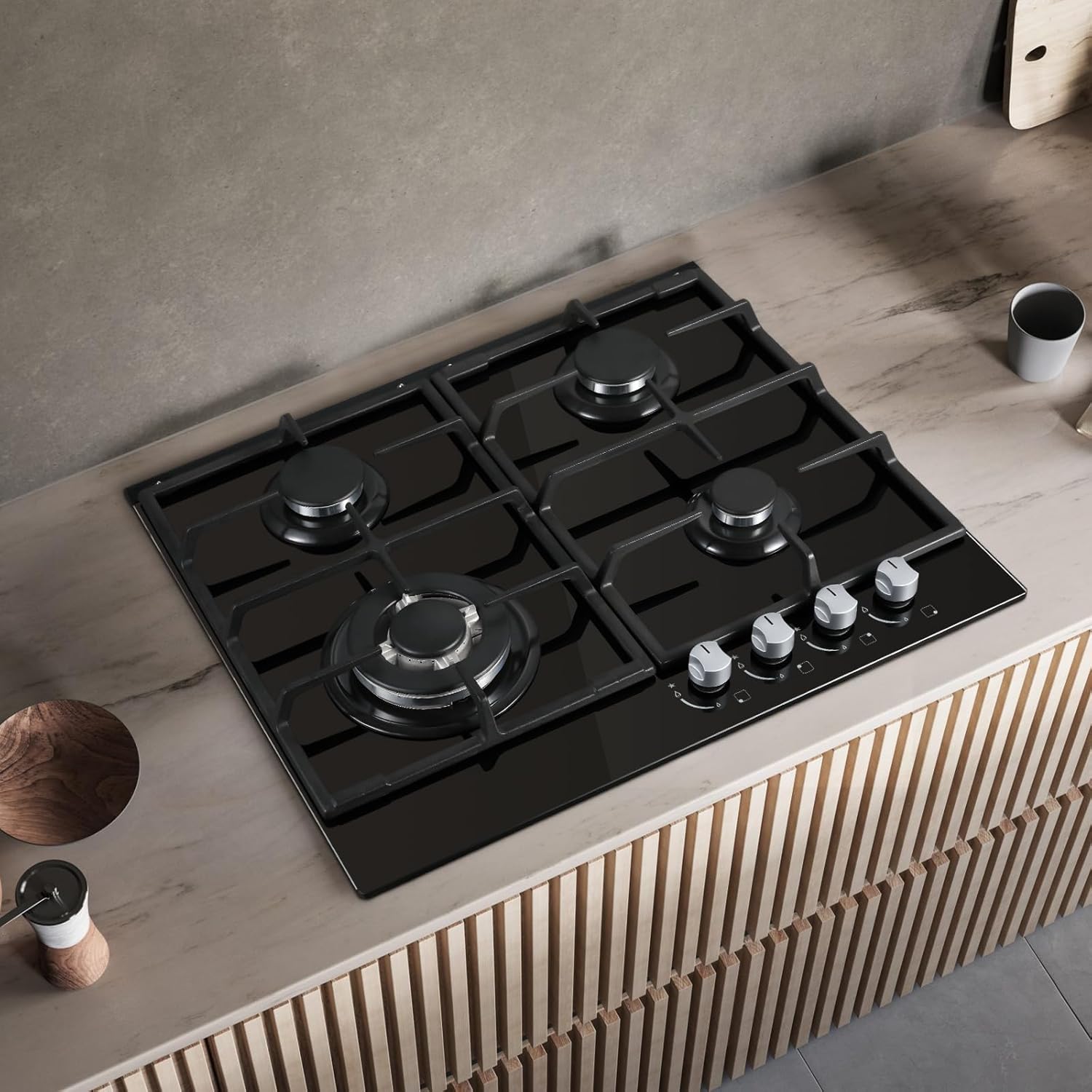 YYEUGCT-B04S - 4 Flammig, 58cm 8060W Glas Gasherd, NG/LPG