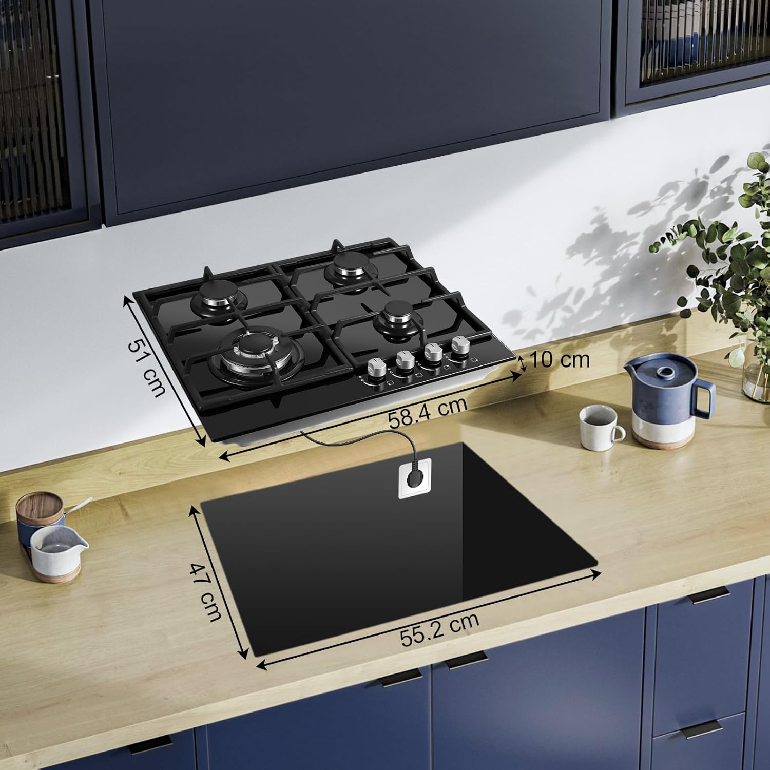 YYEUGCT-B04S - 4 Flammig, 58cm 8060W Glas Gasherd, NG/LPG