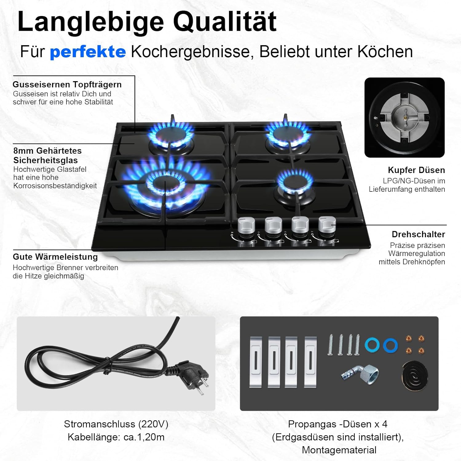 YYEUGCT-B04S - 4 Flammig, 58cm 8060W Glas Gasherd, NG/LPG
