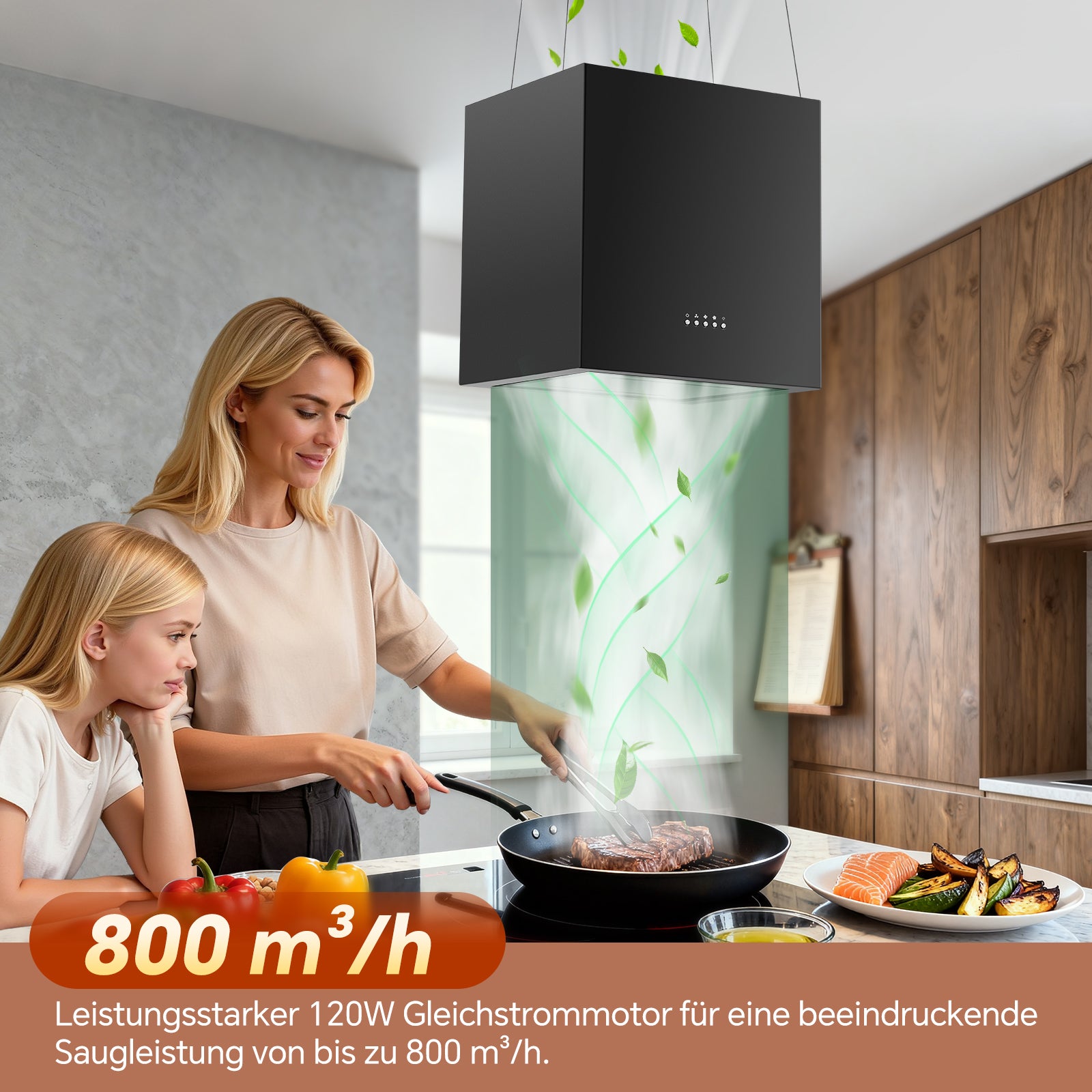 Dunstabzugshaube 40cm von SNDOAS mit Boost-Funktion, Umluftbetrieb und moderner Montagehöhe in schwarzem Design