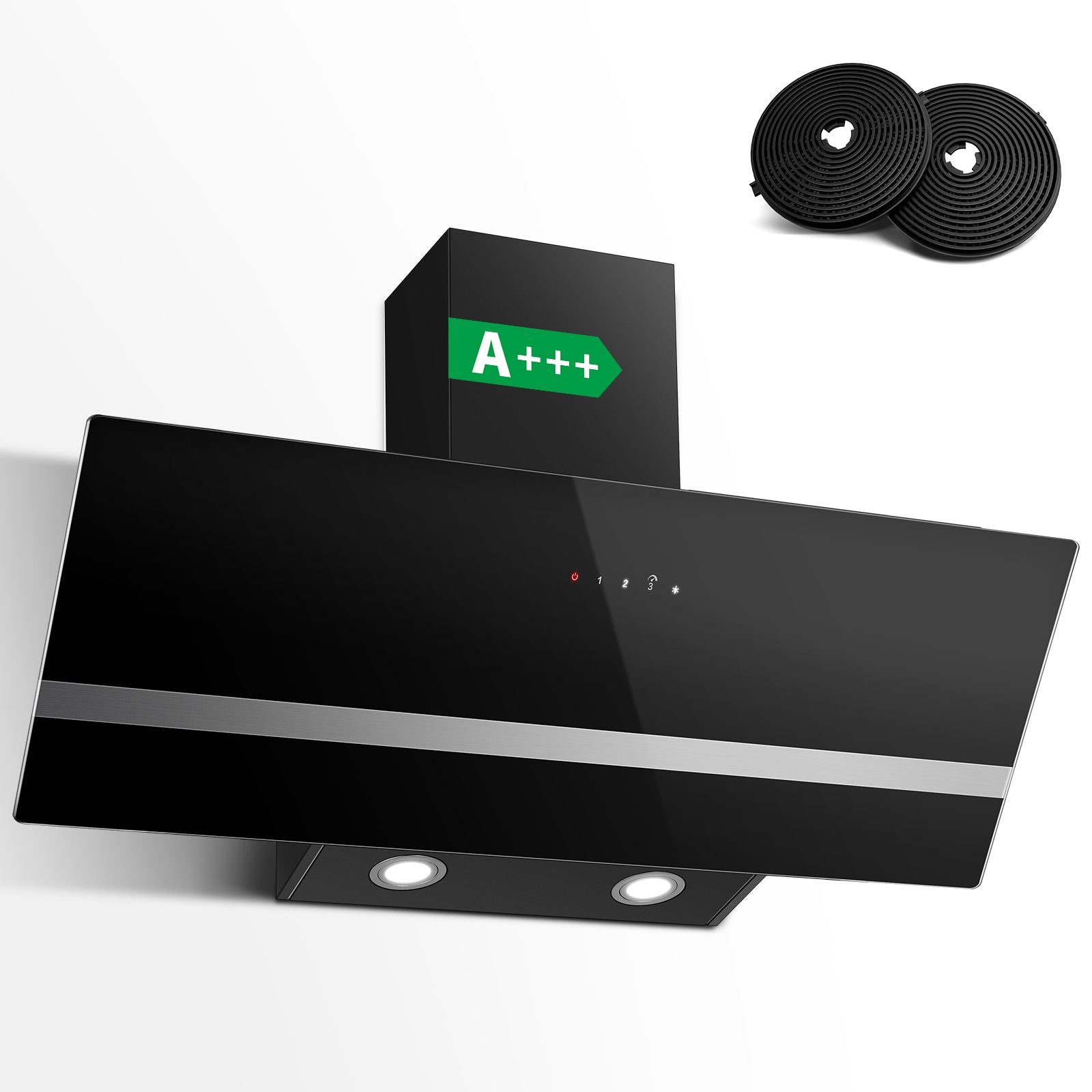 SNDOAS 90cm Schräghaube in Schwarz mit Touch-Bedienfeld, LED, und Aktivkohlefilter, Energieklasse A+++