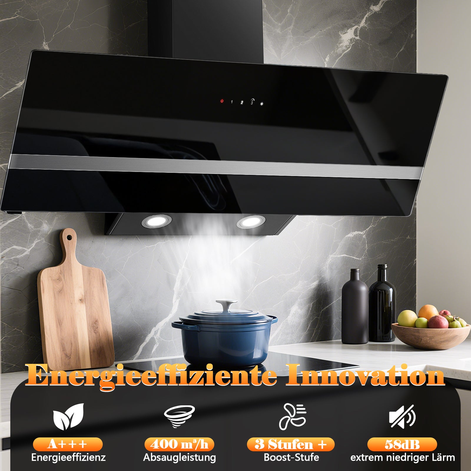 Detailansicht der 90cm Wandhaube mit 5-lagigem Aluminiumfilter und Touch-Steuerung, Farbe Schwarz