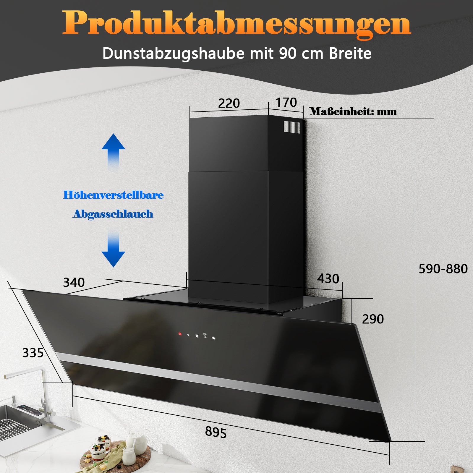 SNDOAS Wandhaube 90cm im montierten Zustand, schwarze Oberfläche, LED-Beleuchtung eingeschaltet
