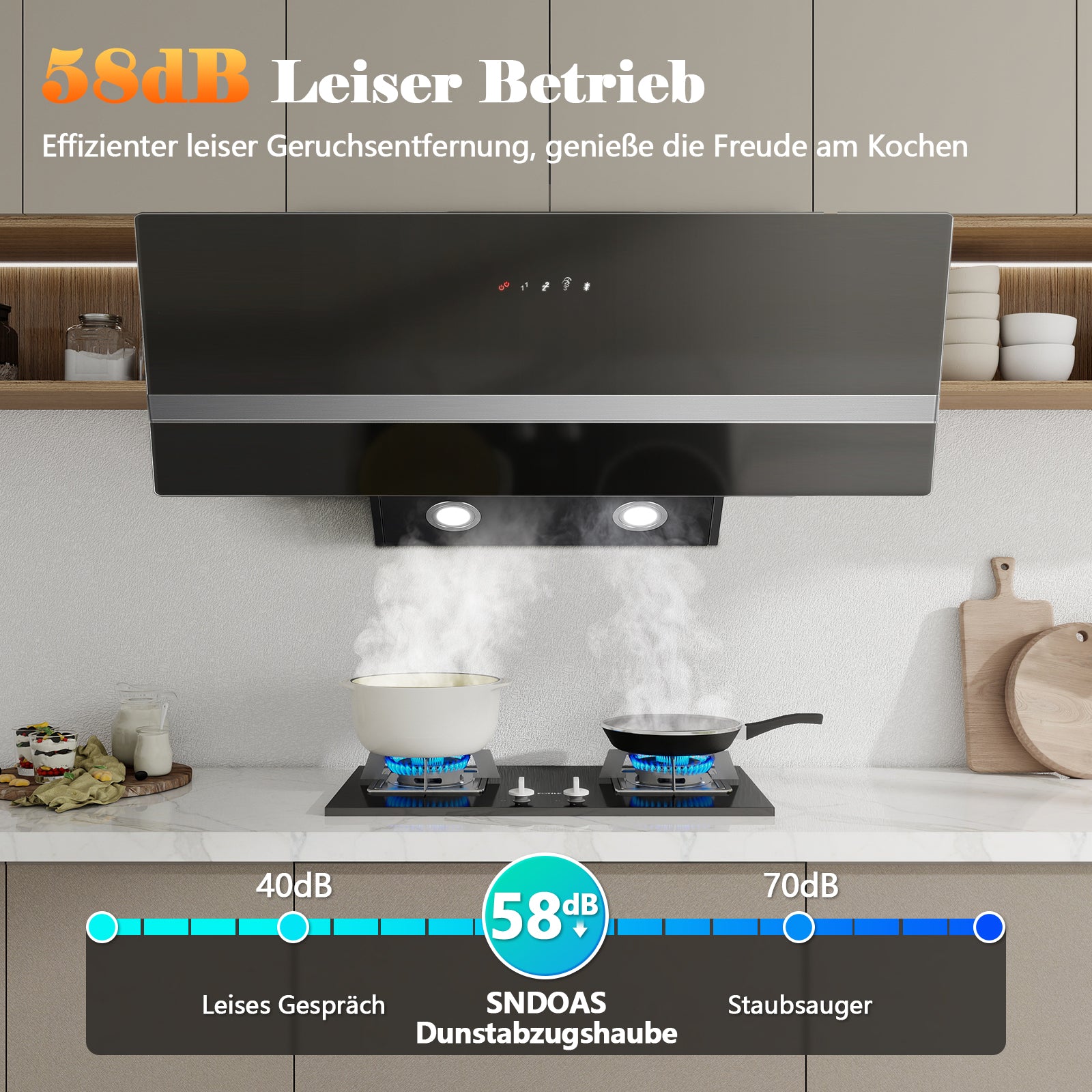 Detailfoto der SNDOAS 90cm Schräghaube, Anzeige Boost-Stufe, energiesparende LED integriert
