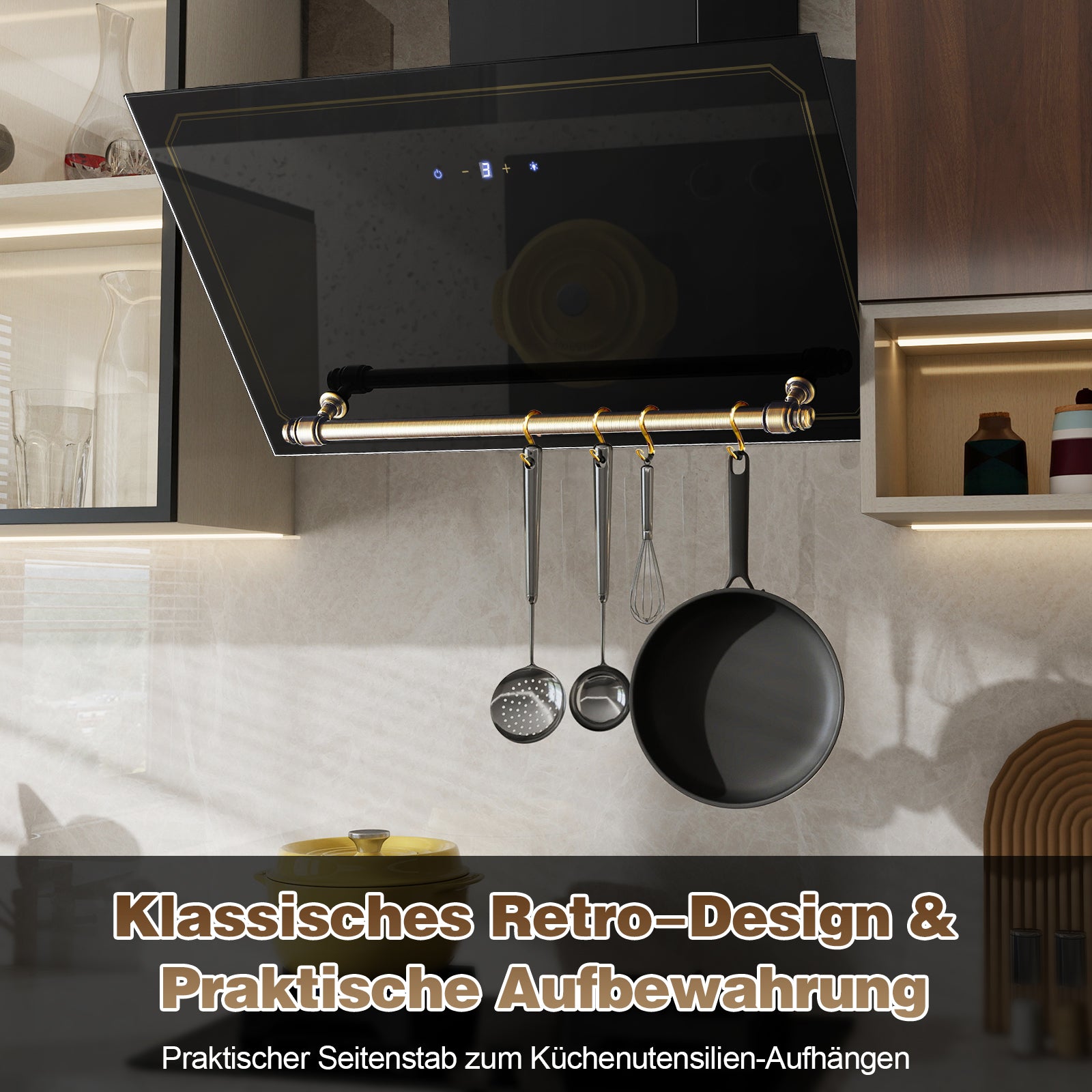 60cm Dunstabzugshaube von SNDOAS, Wandmontage, Touch-Panel und LED, Schwarz-Gold mit Glasfront