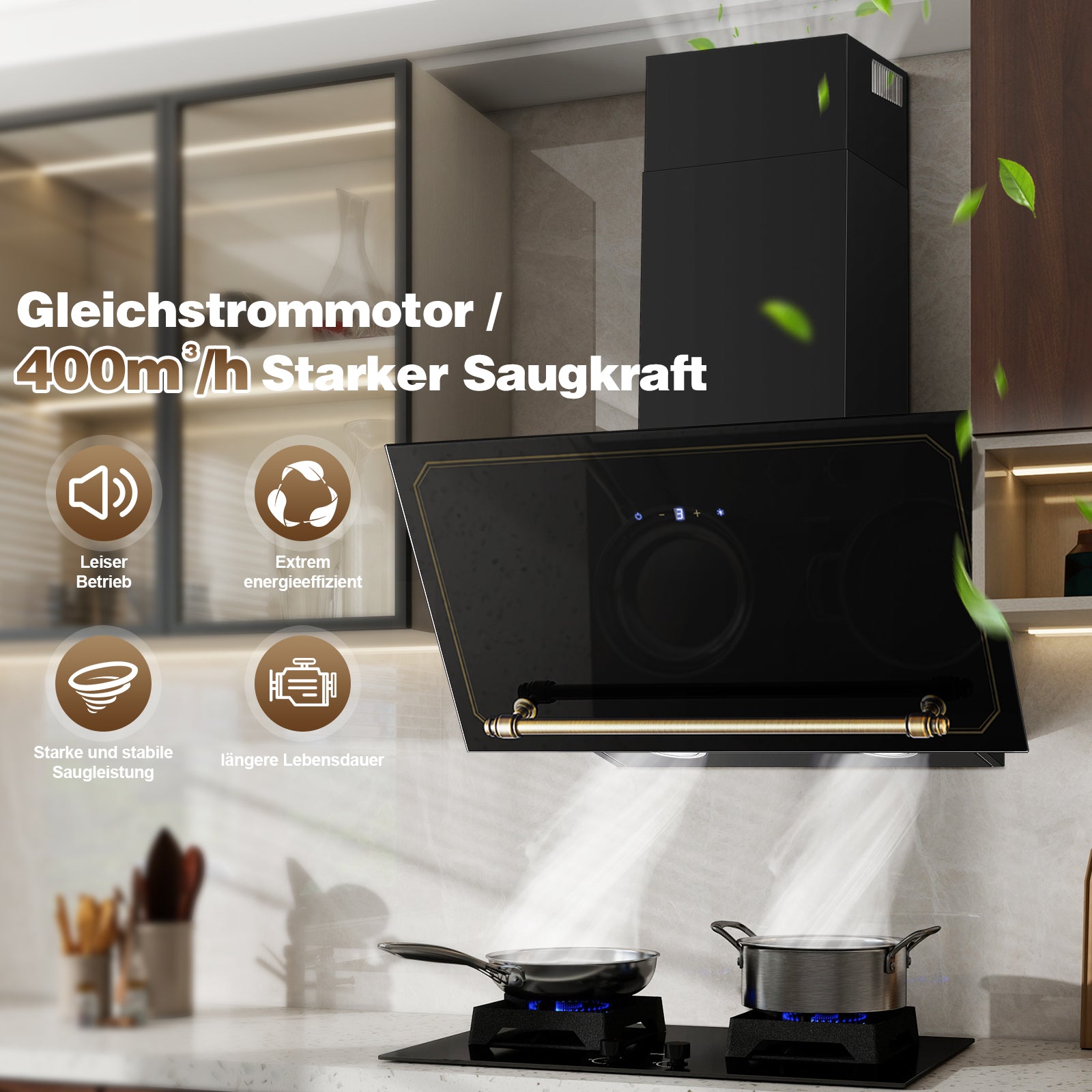 Sndoas Abzugshaube 60 cm, Glas, Touch-Steuerung, inkl. Aktivkohlefilter & Fettfilter, Energieeffizient