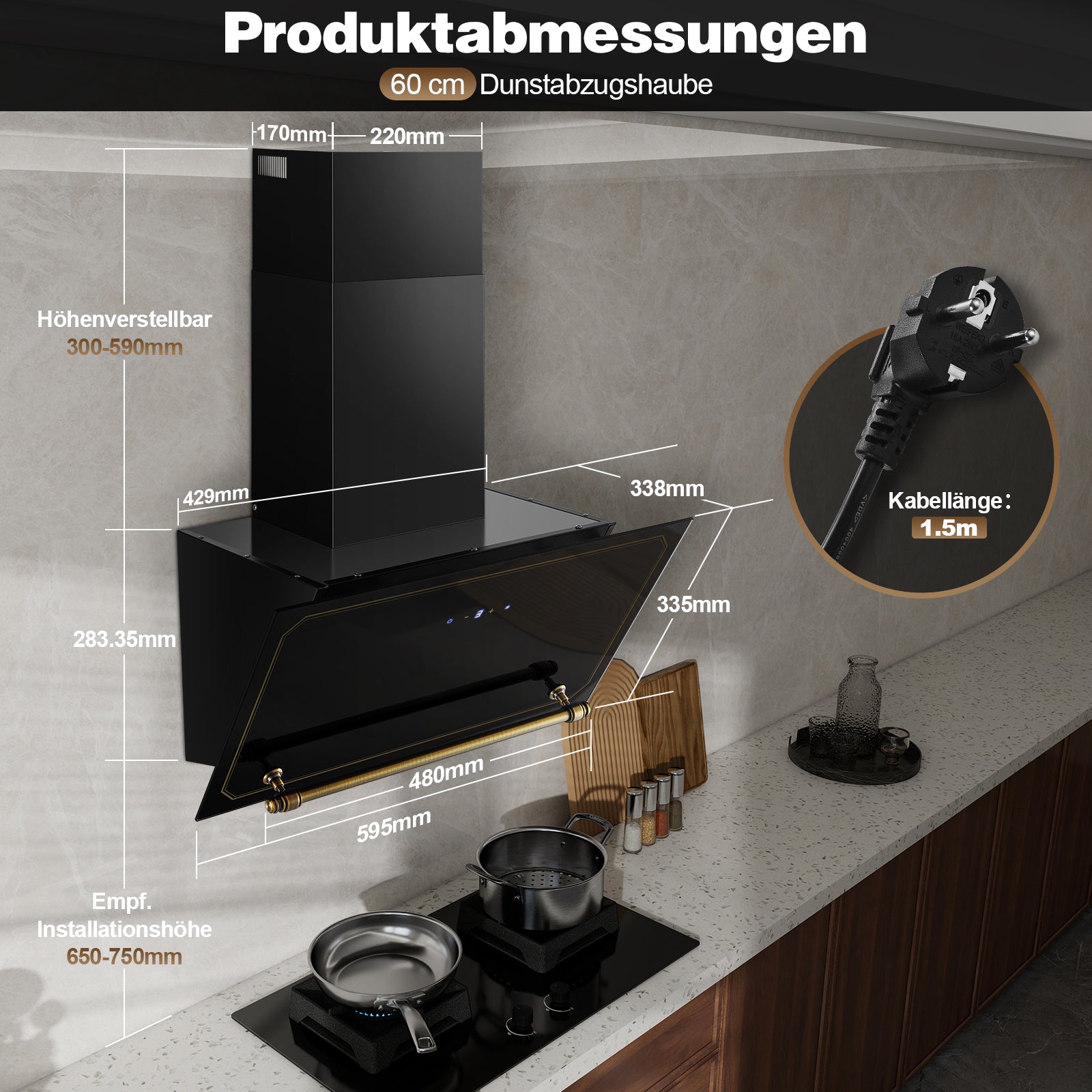 SNDOAS Schräghaube mit Turbo-Modus, LED, 450 m³/h, 3 Stufen, Glas, Schwarz-Gold