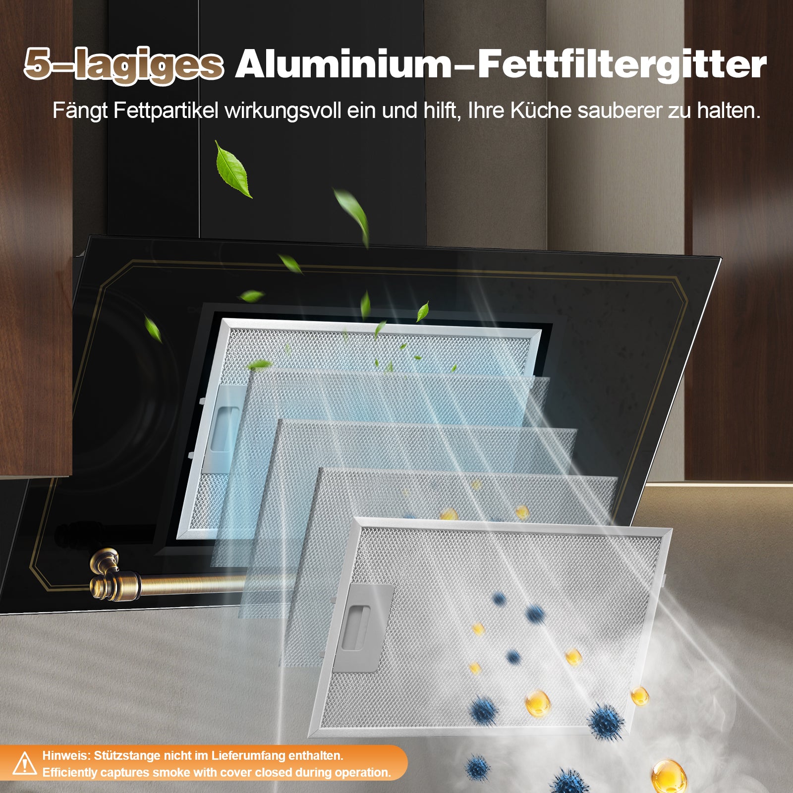 Dunstabzugshaube SNDOAS 60cm, LED-Beleuchtung, schräges gehärtetes Glasfront, Touchfeld