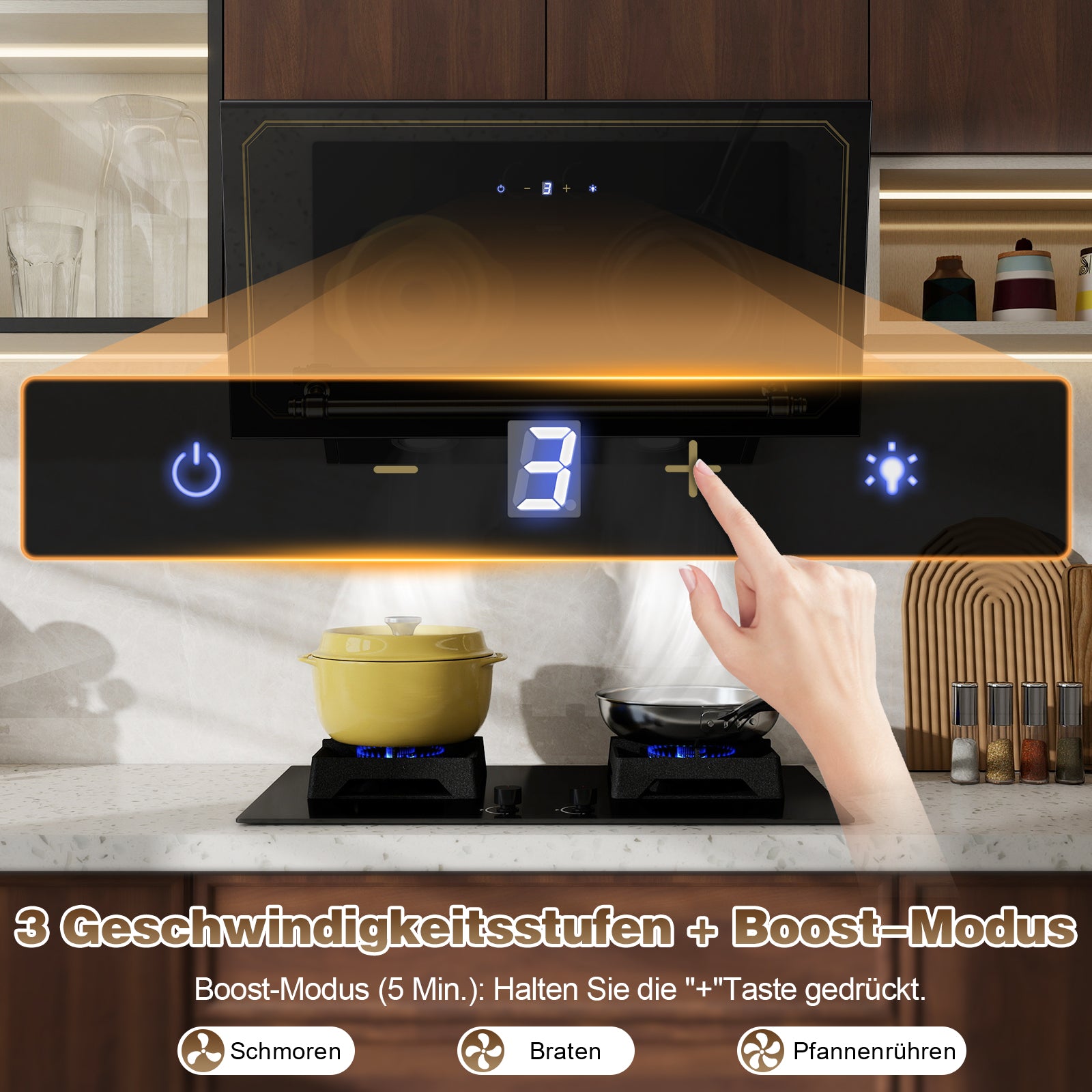 Sndoas Dunstabzugshaube 60cm mit Touch Bedienfeld, schwarzes Design, leiser DC-Motor