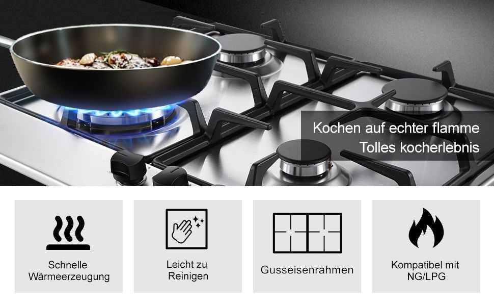 SNDOAS Gaskochfeld 4 Flammen Edelstahl Gasherd