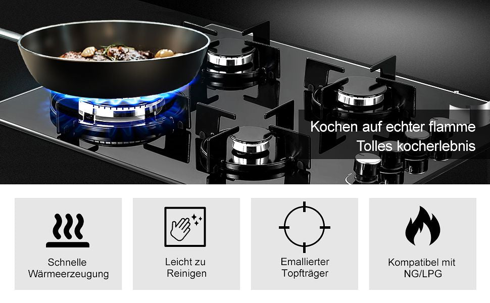 SNDOAS 4 Flamming Schwarzes Gehärtetes Glas-Gaskochfeld