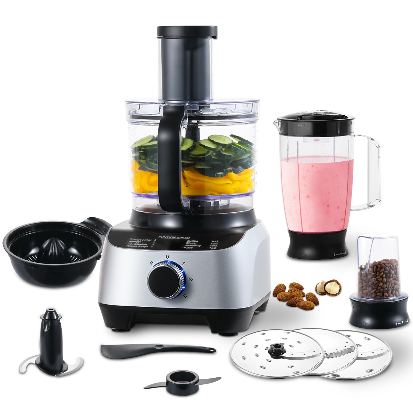Sndoas 10-in-1 1300W Küchenmaschine Multifunktionaler Rühr-und Knetmaschine Silber- YYFP410