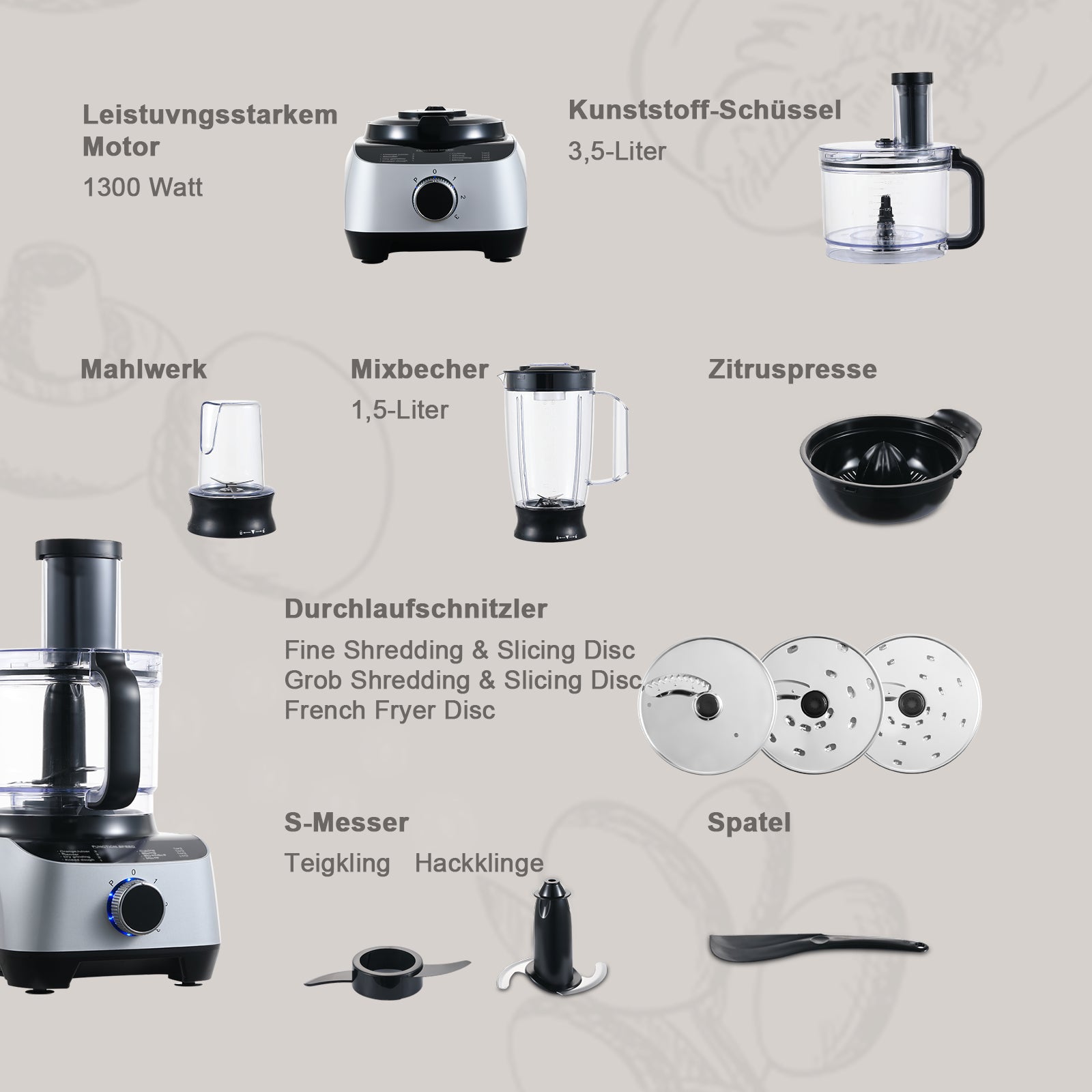 Sndoas 10-in-1 1300W Küchenmaschine Multifunktionaler Rühr-und Knetmaschine Silber- YYFP410