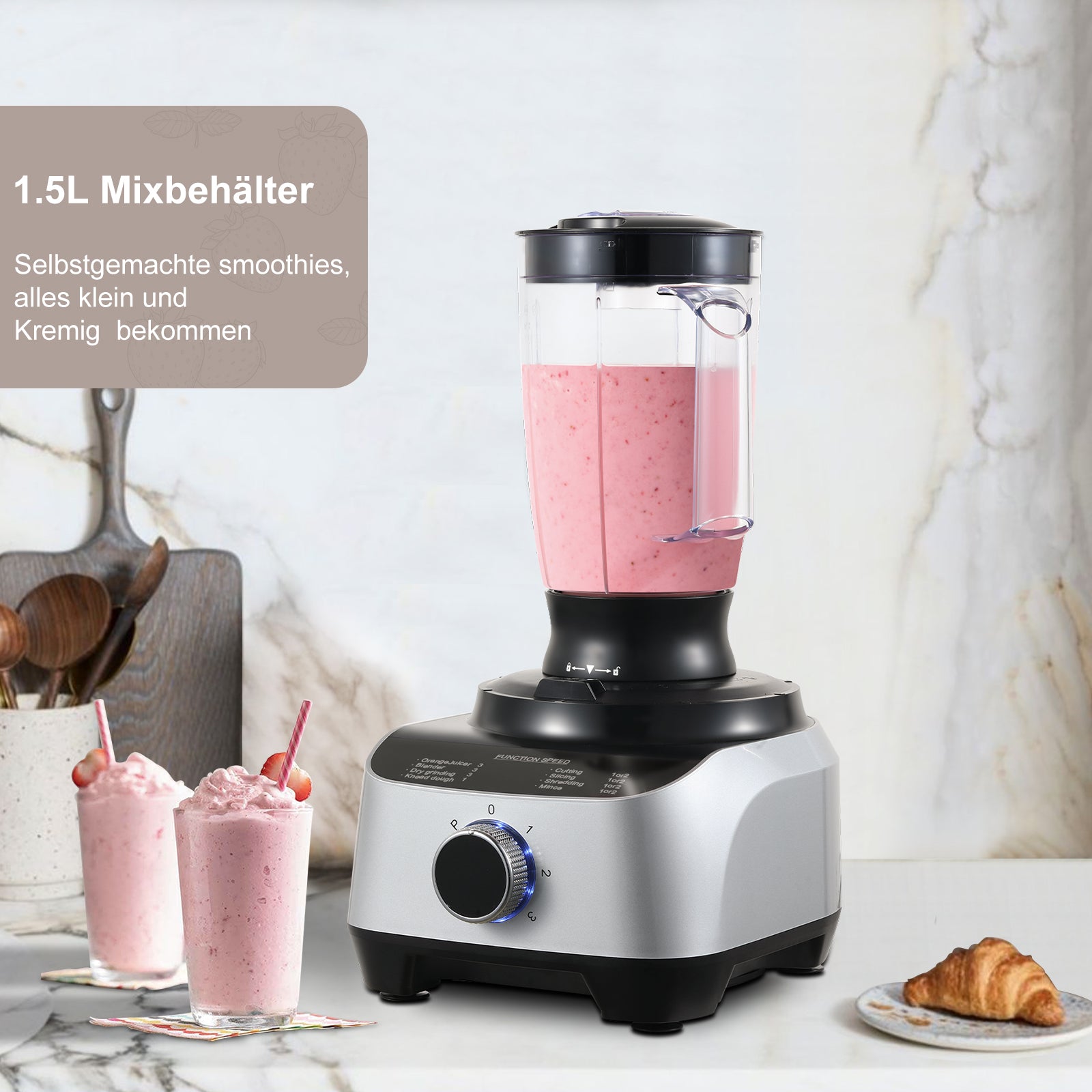 Sndoas 10-in-1 1300W Küchenmaschine Multifunktionaler Rühr-und Knetmaschine Silber- YYFP410
