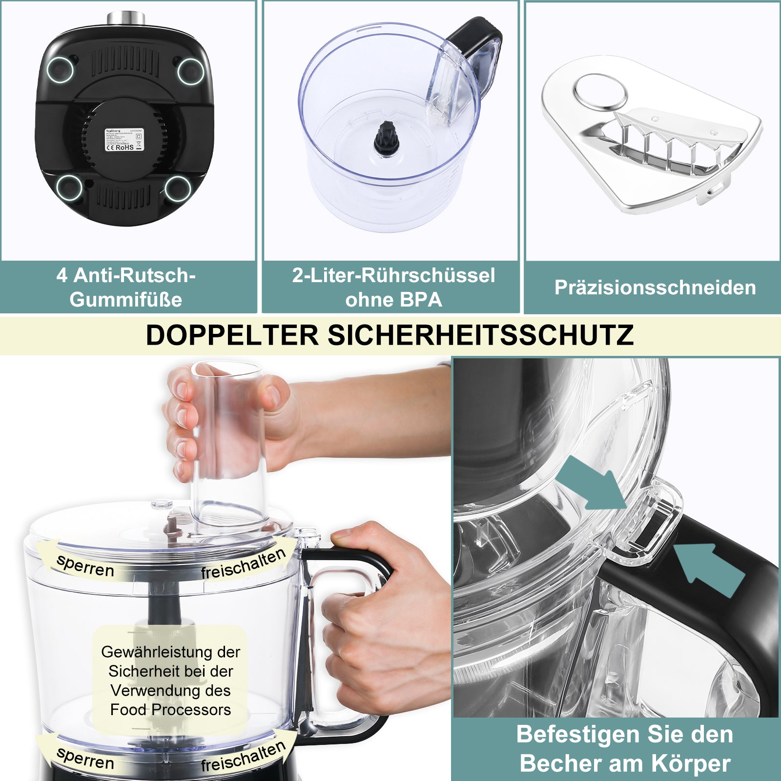 Sndoas 800W 6-in-1 Küchenmaschine Multizerkleinerer Food processor Chopper-eufp421