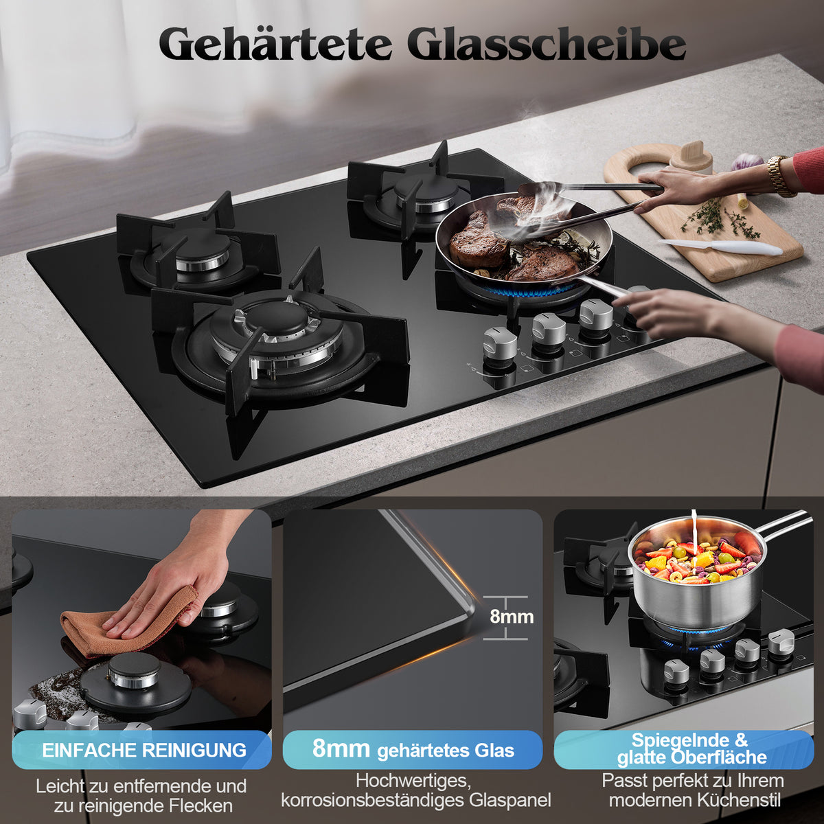 EUT3C-B04- 4 Hearth 60 cm Einbau-Gaskochfeld, Erdgas/Propangas, 8060 Watt
