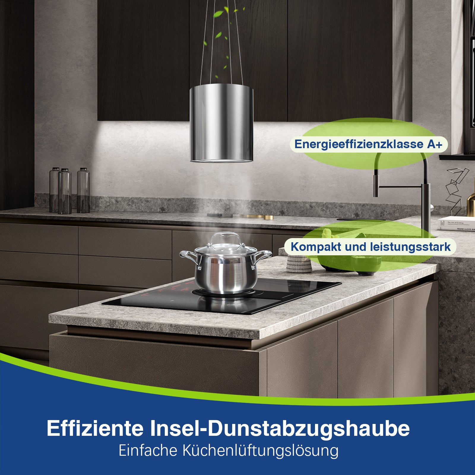 SNDOAS Dunstabzugshaube Inselmodell, Edelstahlgehäuse mit LED-Licht – Seitenansicht