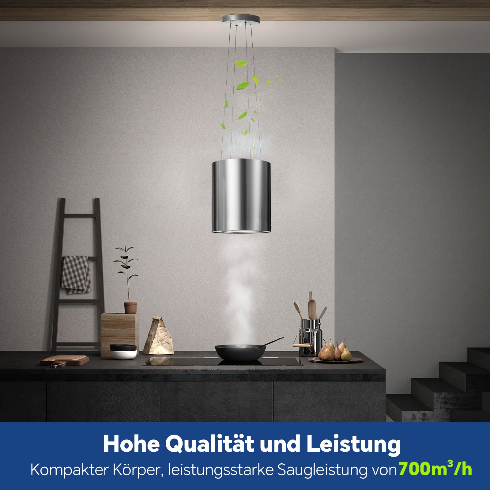 35cm Insel-Dunstabzugshaube SNDOAS, Montagebeispiel über Kochinsel, energieeffizient