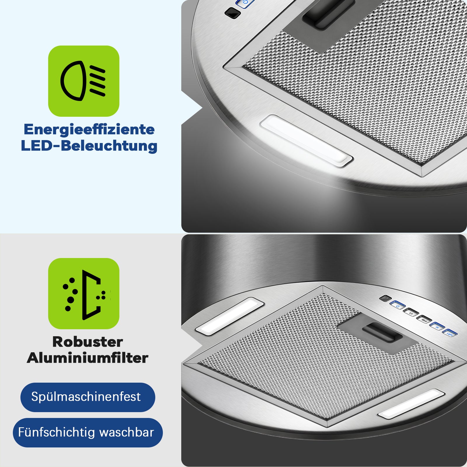 SNDOAS 35cm Inselhaube Edelstahl, Touch-Bedienung und LED-Beleuchtung hervorgehoben