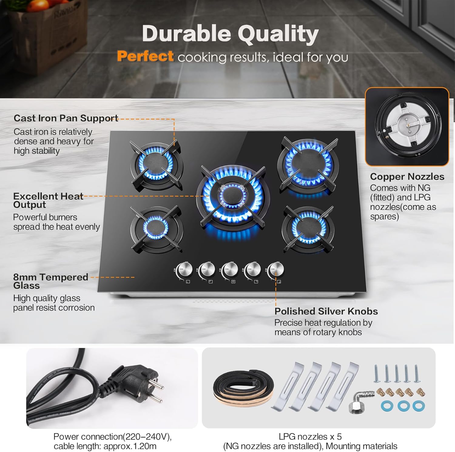 GH7051GB5C2E- 10400W 70cm 5-flammiger Herd NG/LPG Glas Gasherd