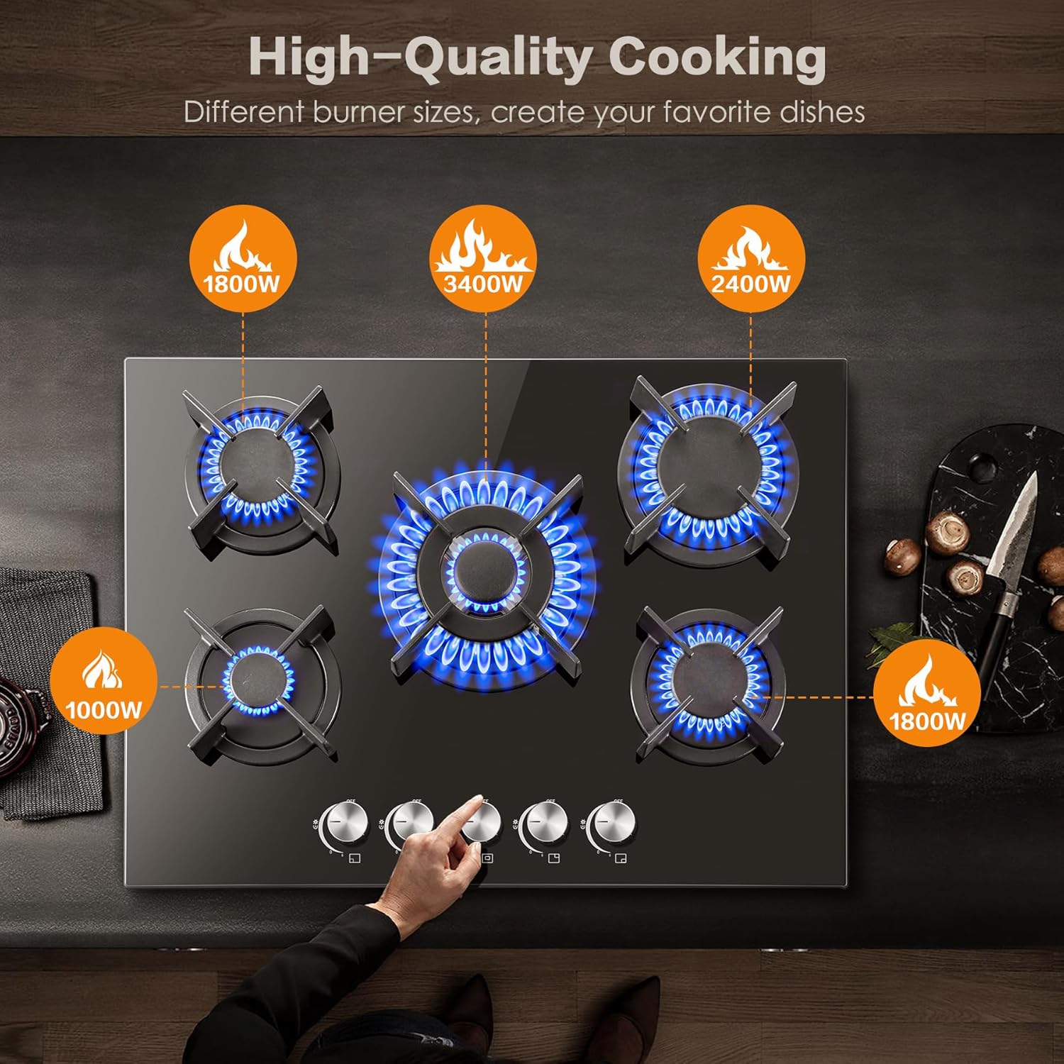 GH7051GB5C2E- 10400W 70cm 5-flammiger Herd NG/LPG Glas Gasherd