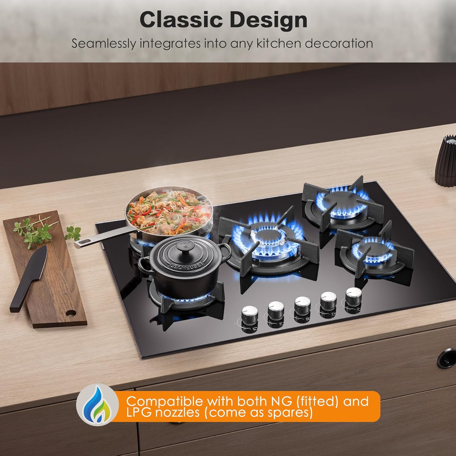 GH7051GB5C2E- 10400W 70cm 5-flammiger Herd NG/LPG Glas Gasherd