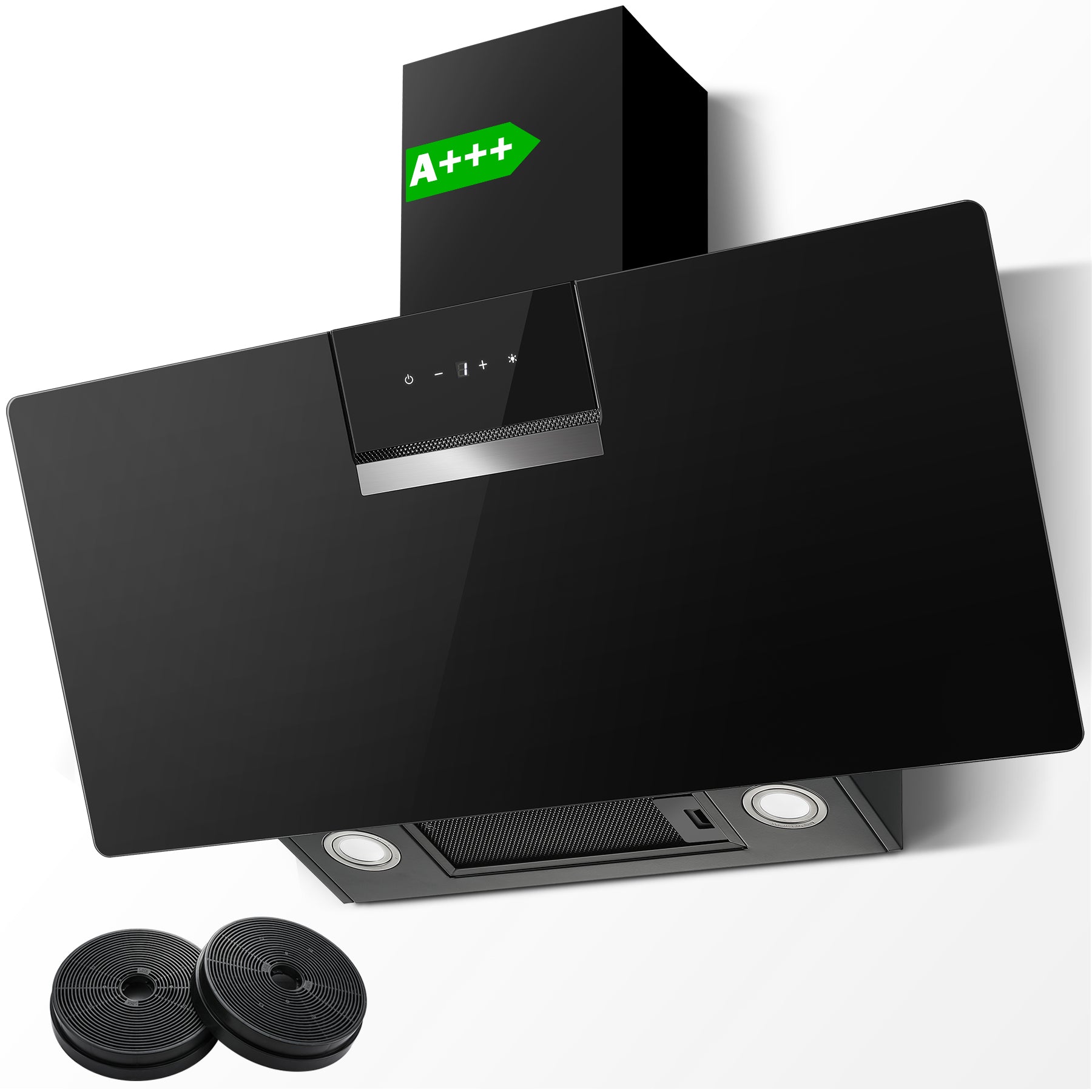 RHFJG90ATBKE- 90cm Dunstabzugshaube,  800 m³/h Saugkraft, 3 Stufen + Booster Touchscreen, Aktivkohlefilter für Abluft/Umluft Betrieb, LED Beleuchtung, Schwarz  [Energieklasse A+++]